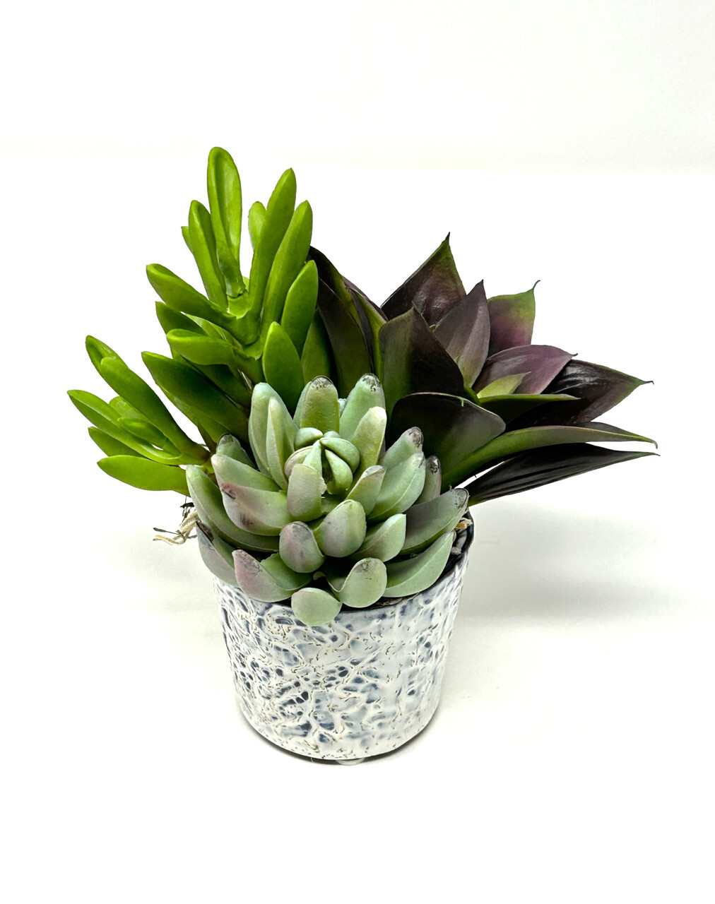 Mini 6″ Artificial Purple & Green mixed Succulent Garden #13, Blue Stone Ceramic