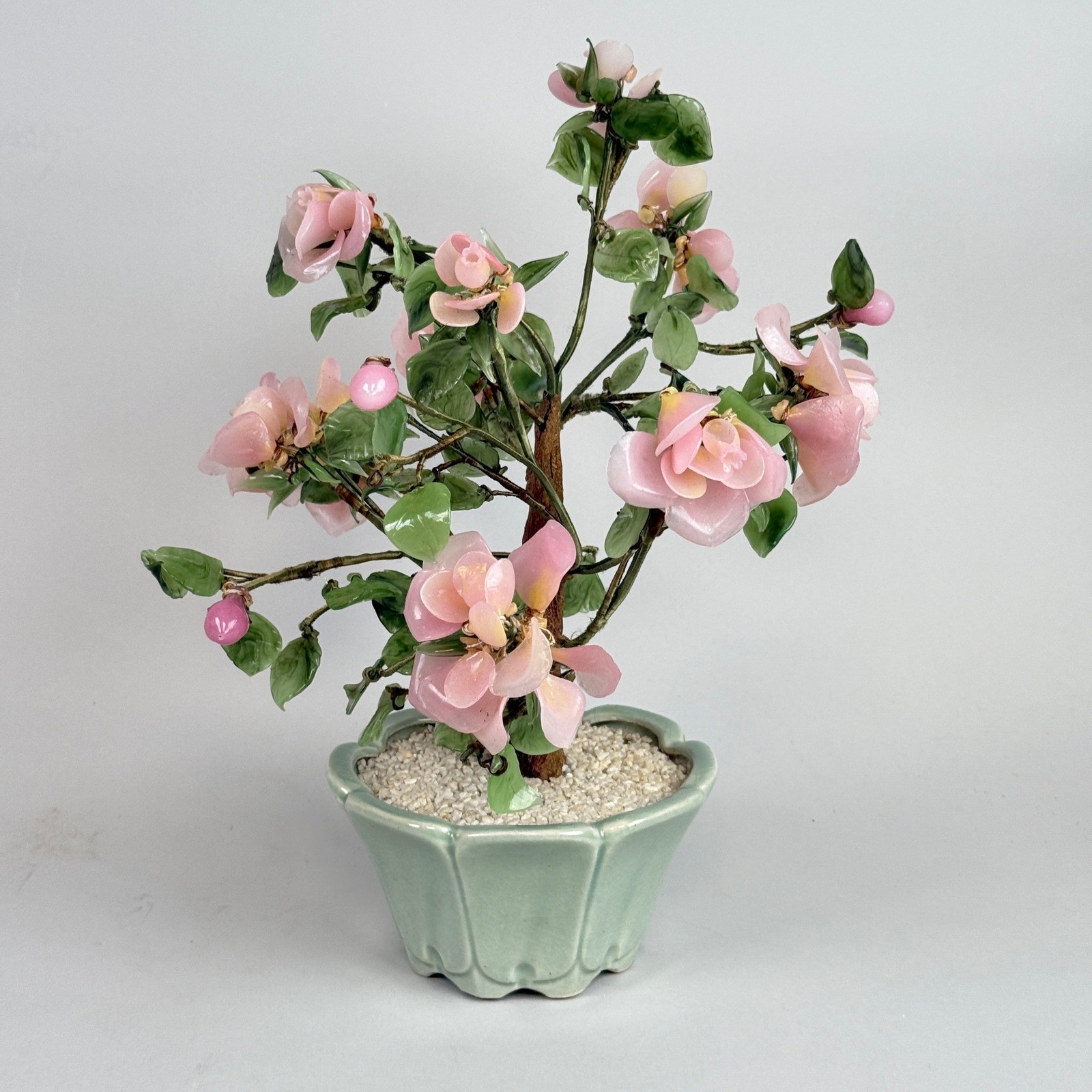 Pink Jade Gemstone Bonsai Tree Flower Arrangement Tabletop Decor 15″