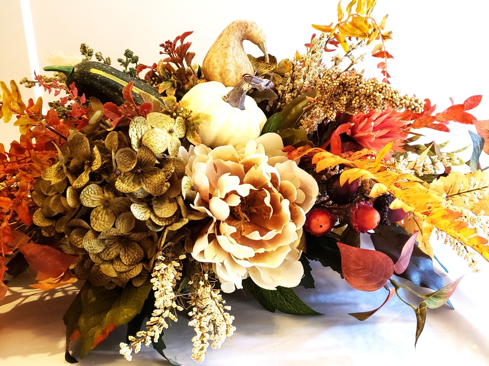 Fall Hydrangea Pumpkin Centerpiece, Rustic Autumn Table Arrangement, Neutral