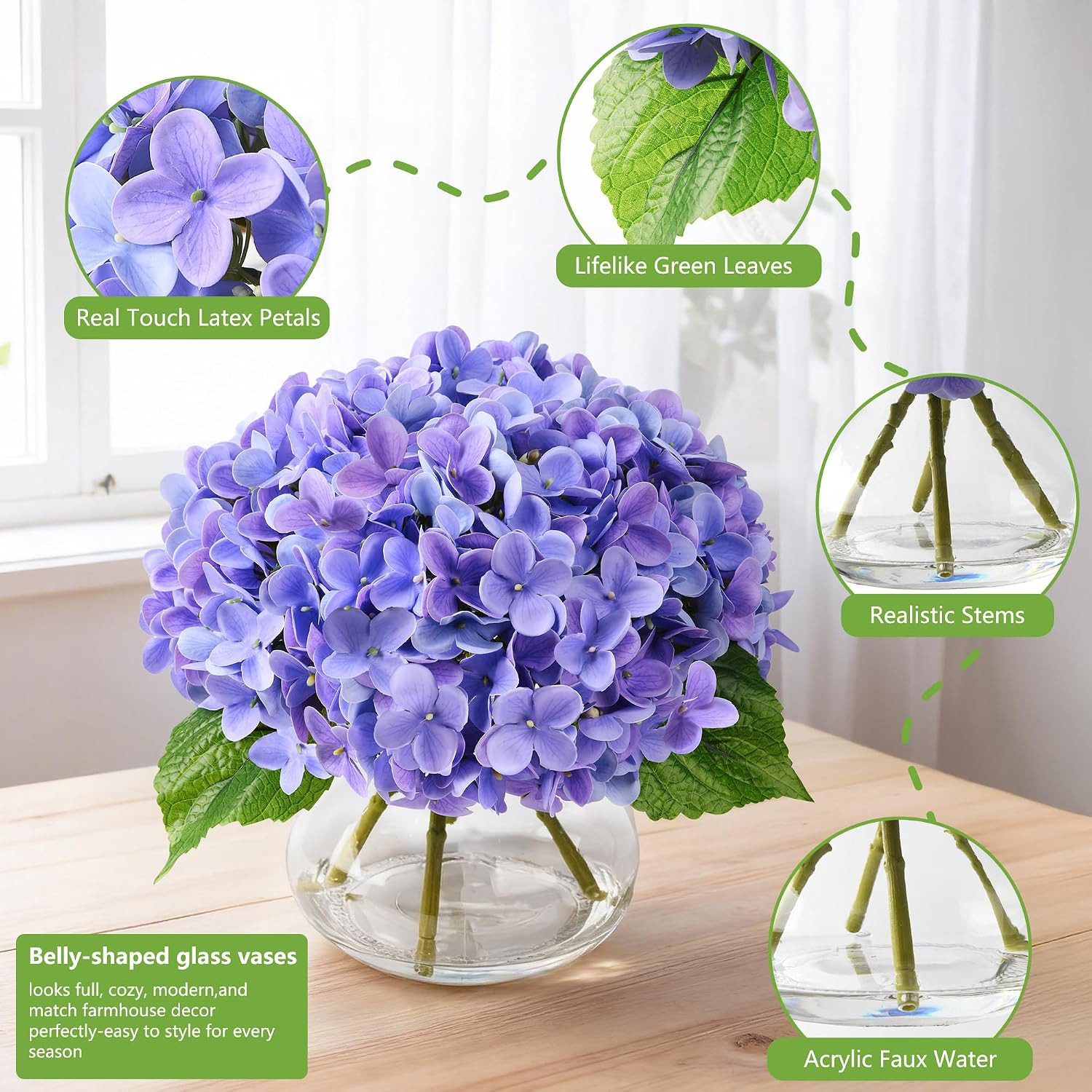 Purple Real Touch Faux Hydrangea in Glass Vase – No Watering Needed Decor