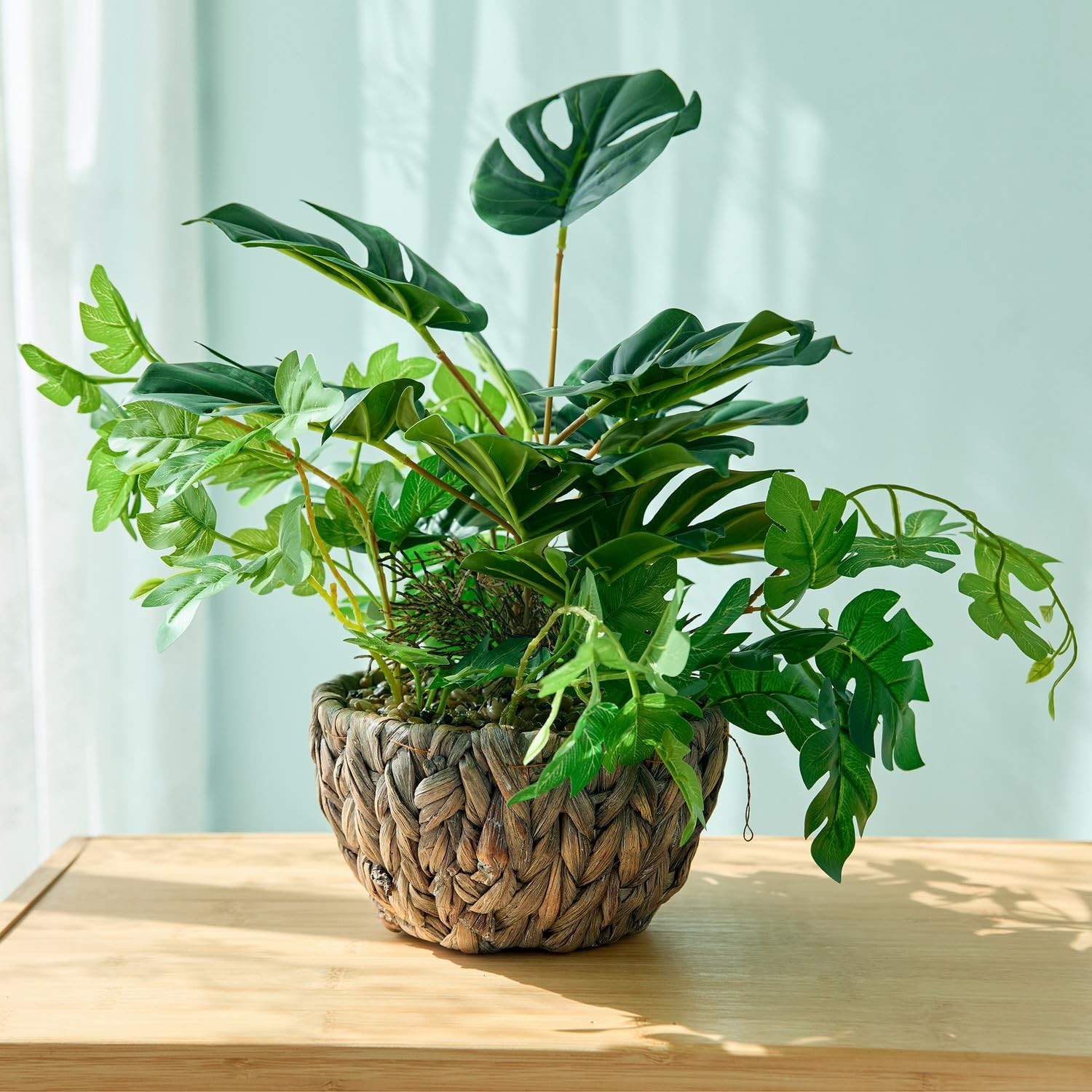 15.8″ Artificial Monstera Plant in Rattan Woven Round Basket Planter Lifelike…