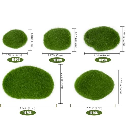 50 Pcs 5 Size Artificial Moss Rocks Decorative, Faux Green Moss Decor Balls for