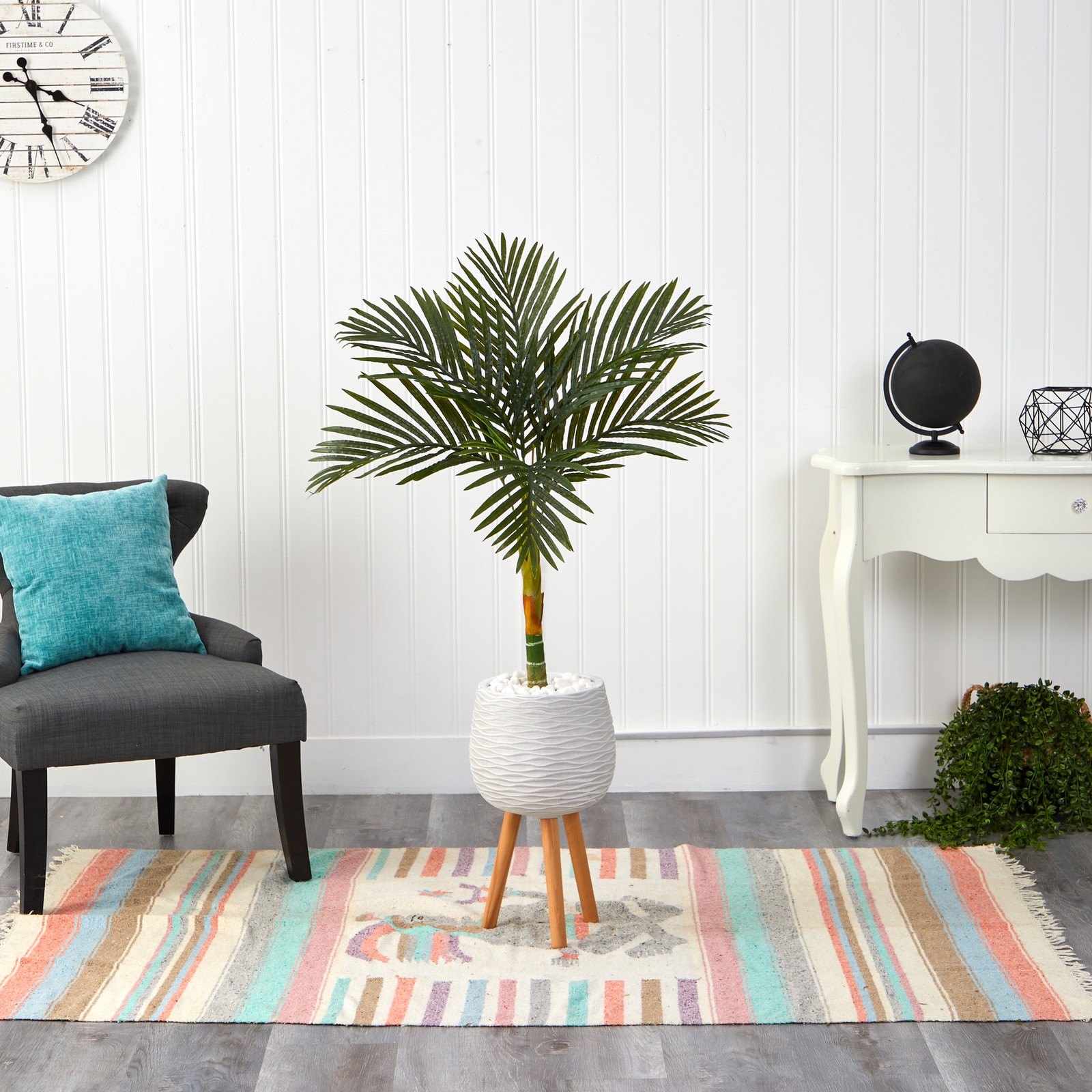 Nearly Natural 4.5ft Golden Cane Artificial Palm Tree in White Planter w/ Stand