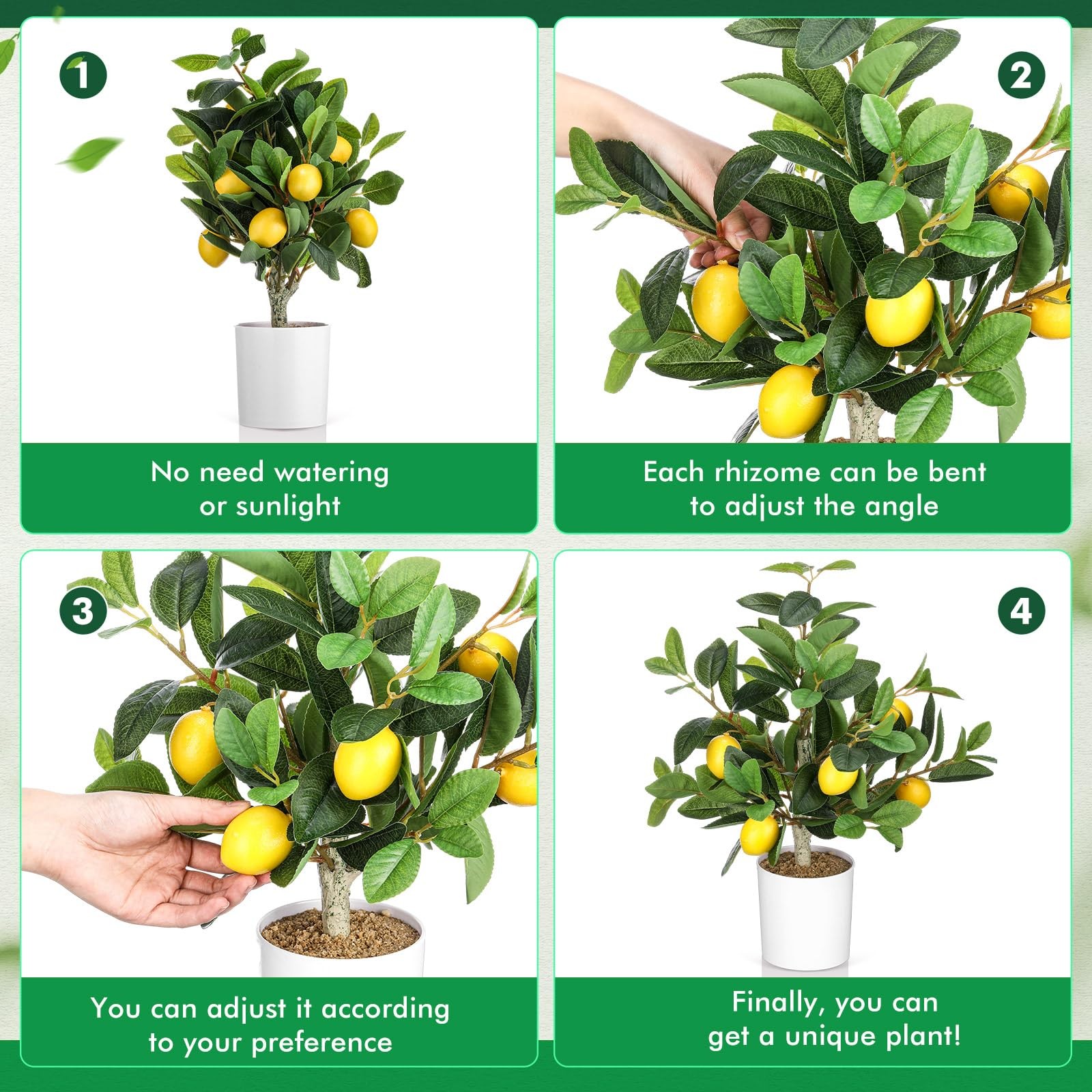 2 PCS 15.7 Inch Artificial Lemon Tree Potted Faux Citrus Plant White Pot