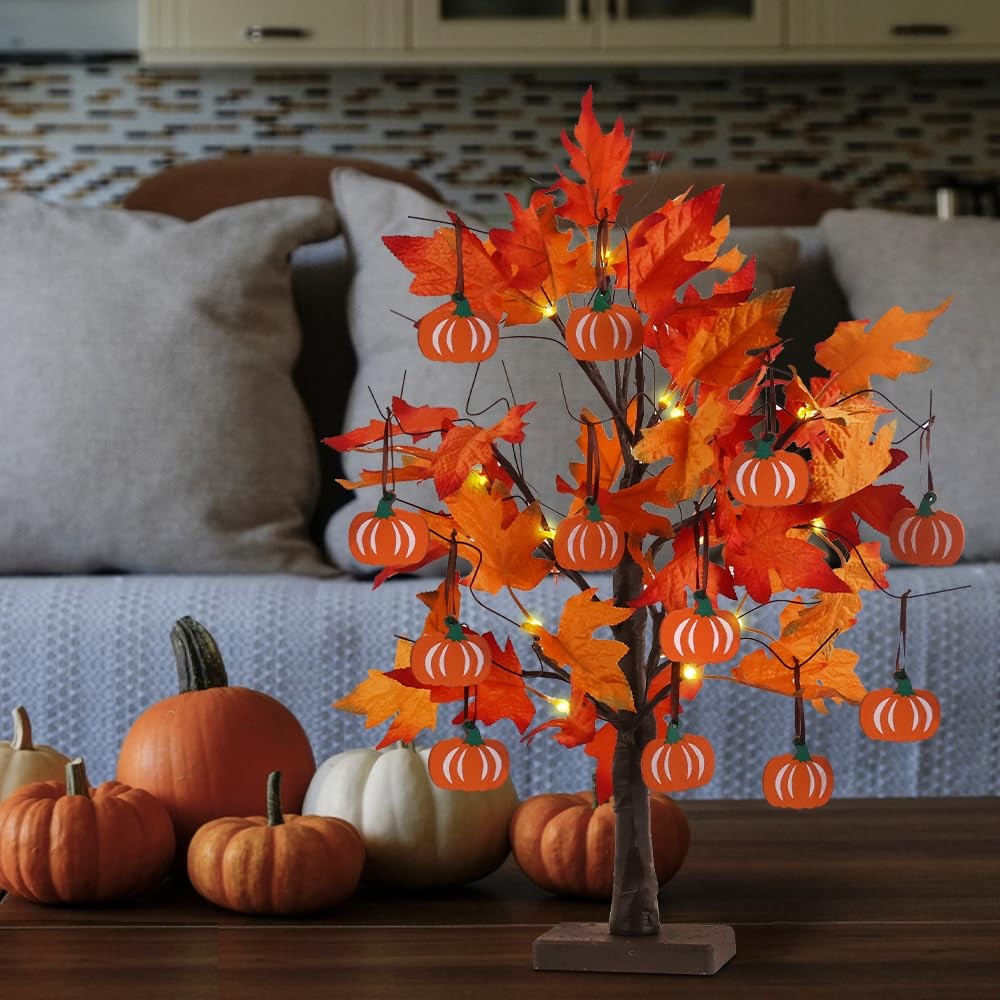 Lighted Maple Leaves Tree 24.2FT with 24 LEDs 12 Ornaments Fall Decor