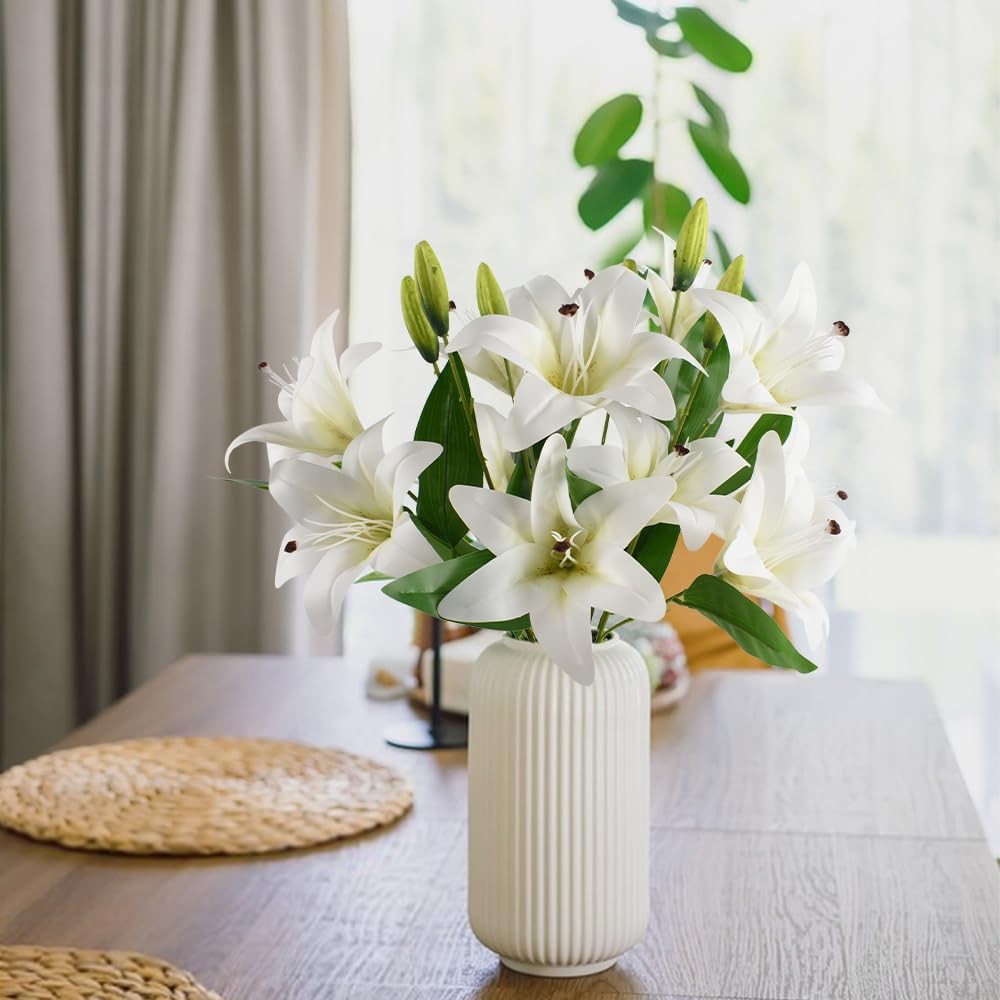 6pcs Artificial Lily Flowers 25.6″ Fake Tiger Lily Flower White Real Touch Br…