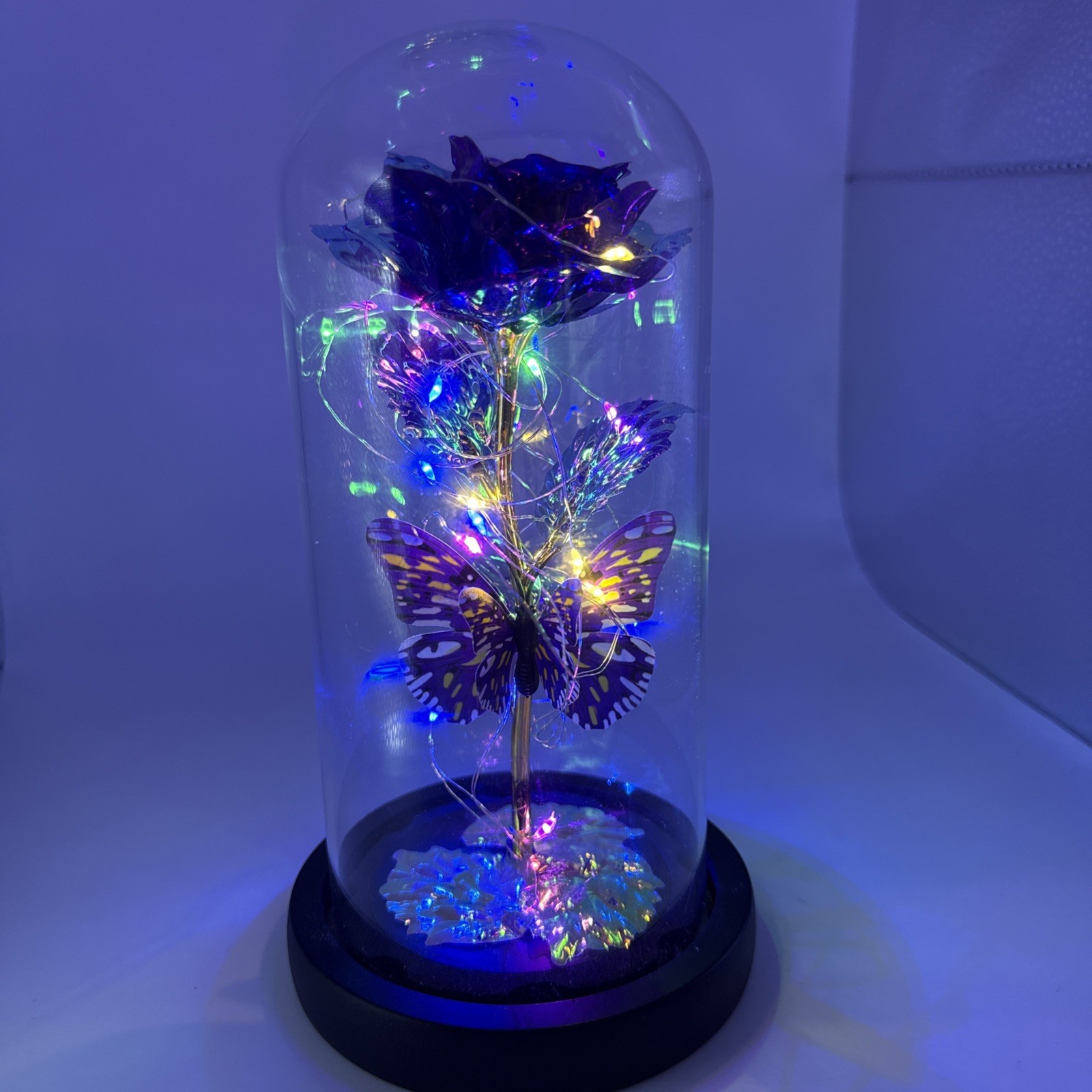 Purple Rose Flower & Butterfly in Glass Dome Cloche LED Lighted Floral Display