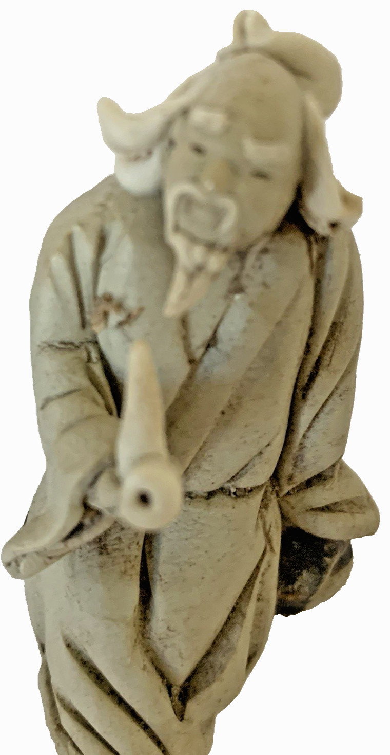 Vintage Lot of 3 Pcs Glazed Pagoda 2 Chinese Mudmen Mud Figure Fishermen Bonsai