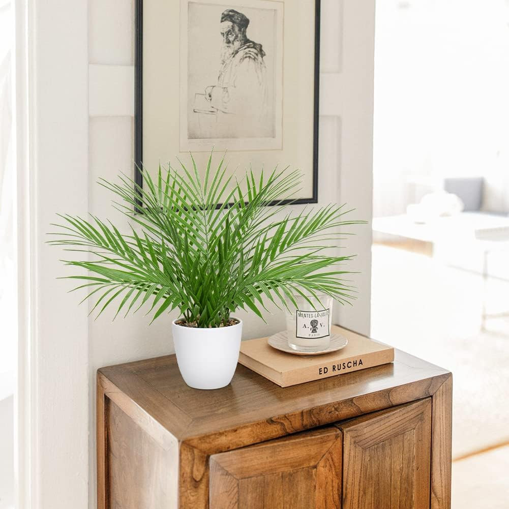 Fake Plant 15’’ Artificial Palm Plant in White Pot Real Touch Faux Tropical Palm