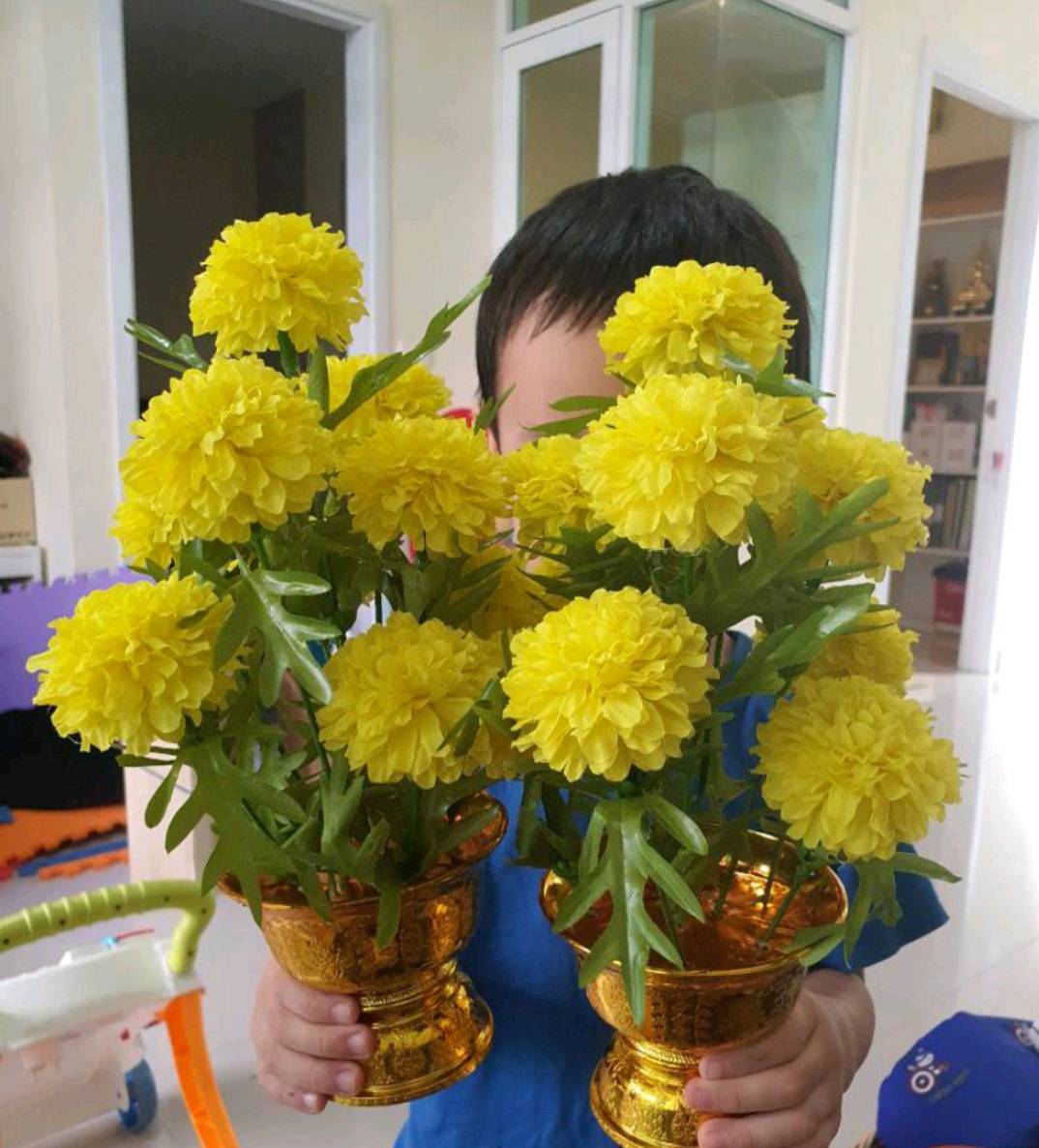 Pair Marigolds Flower Artifical Arrangement Gold Tray Decor Home Yellow Floral