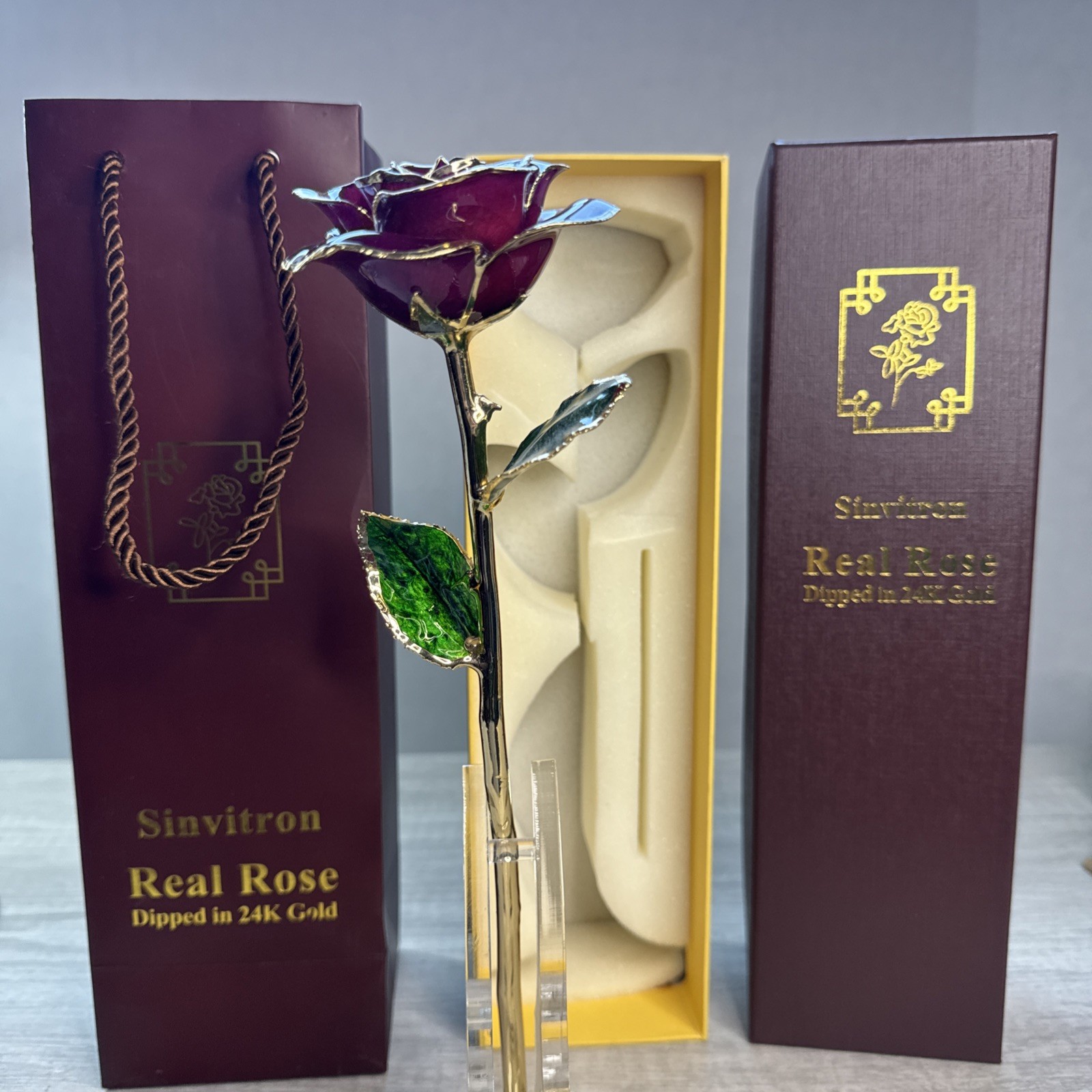 Beautiful Red Jewlers 24Kt Gold Dipped Real Rose Dark Pink/ Purple Box Bag Sta