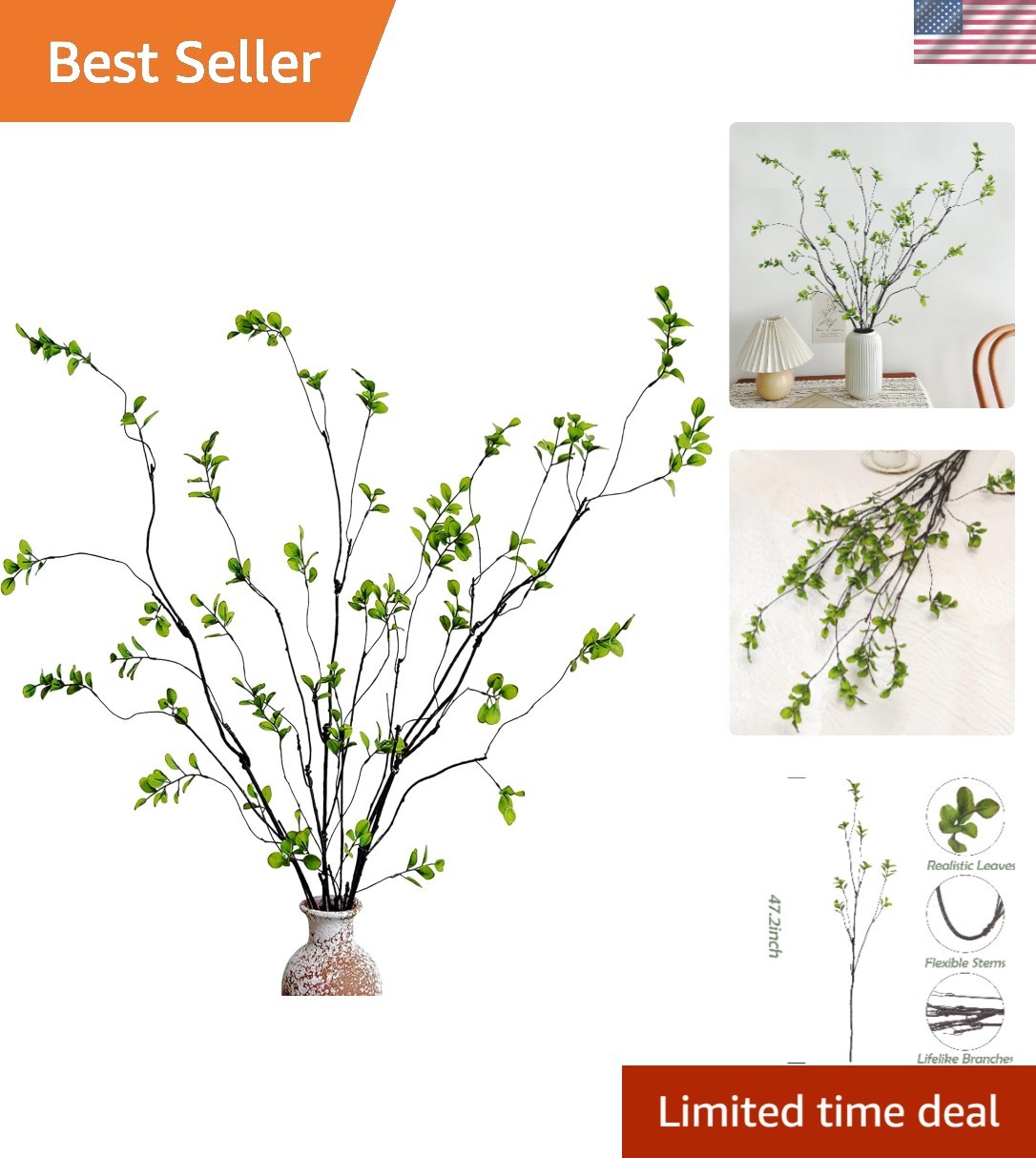 Elegant 4 Pcs Artificial Ficus Branches – 47.2 Inch Faux Greenery for Home Decor