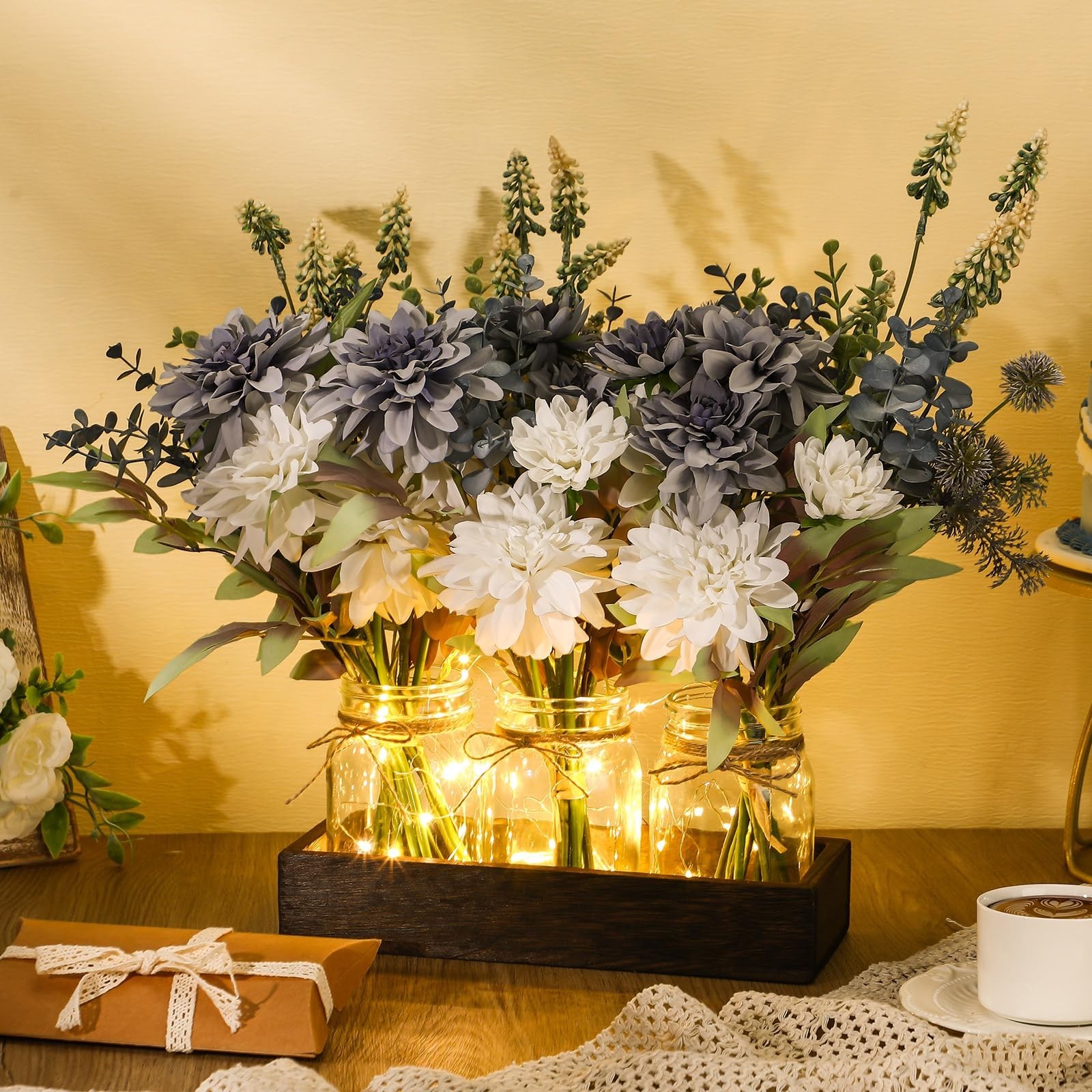 3 Pcs Rustic Mason Jar Centerpiece Decor, Artificial Blue Flowers & Wood Tray, S