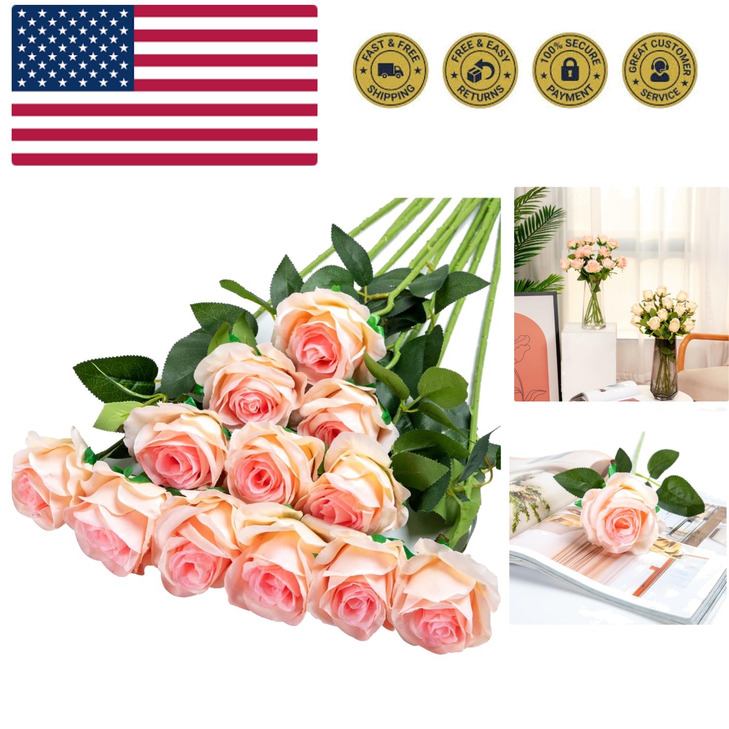 Realistic Gradient Light Pink Roses – 12PCS Long Stem for Everlasting Beauty