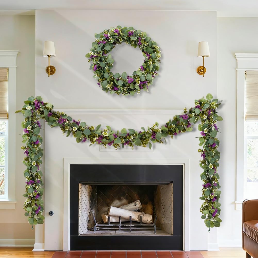 2Pack Eucalyptus Flower Garland with Violet 5.9Ft Artificial Ivy Greenery Han…