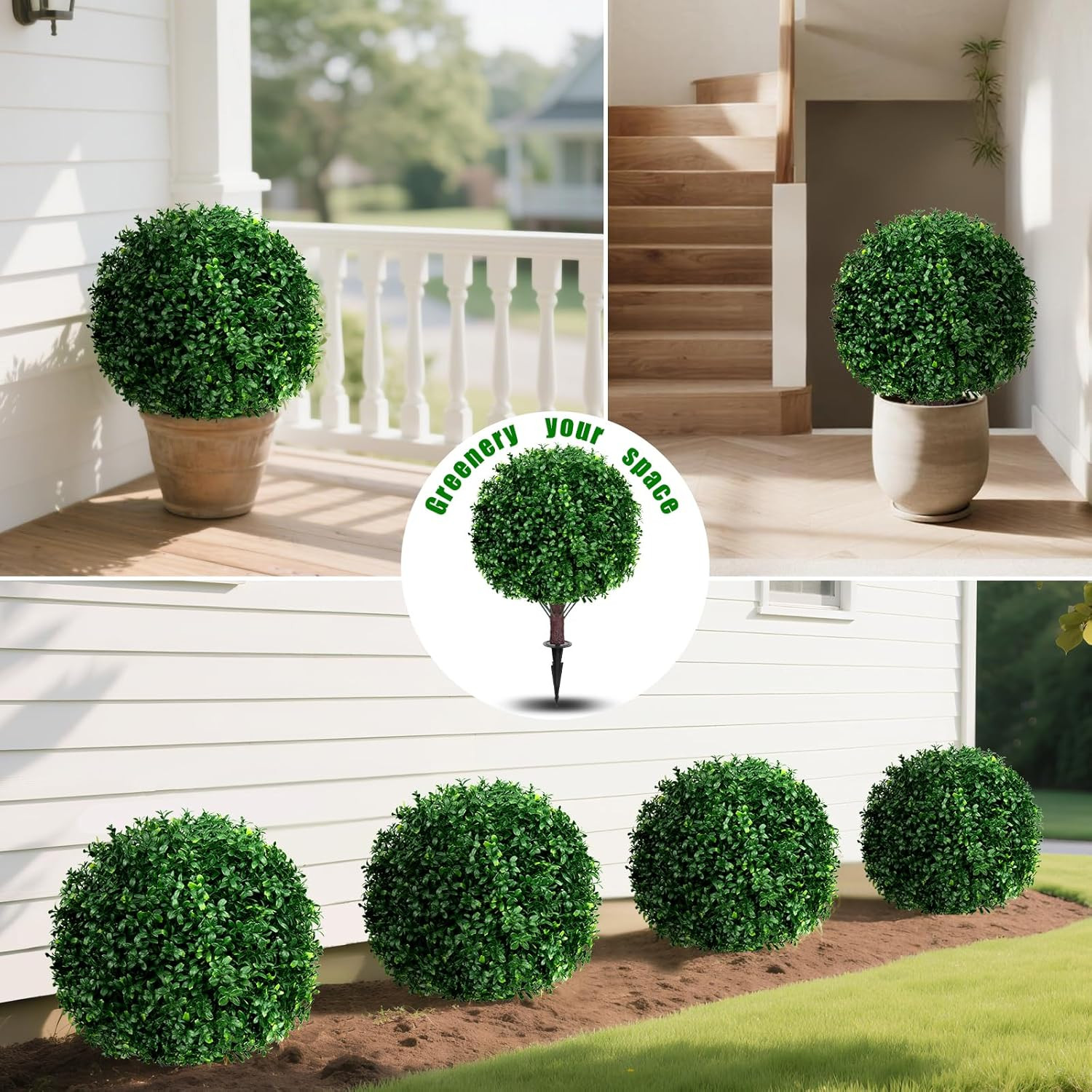 Yangrass Artificial Boxwood Topiary Ball Trees with Ground Spike, Set of 2 UV Re
