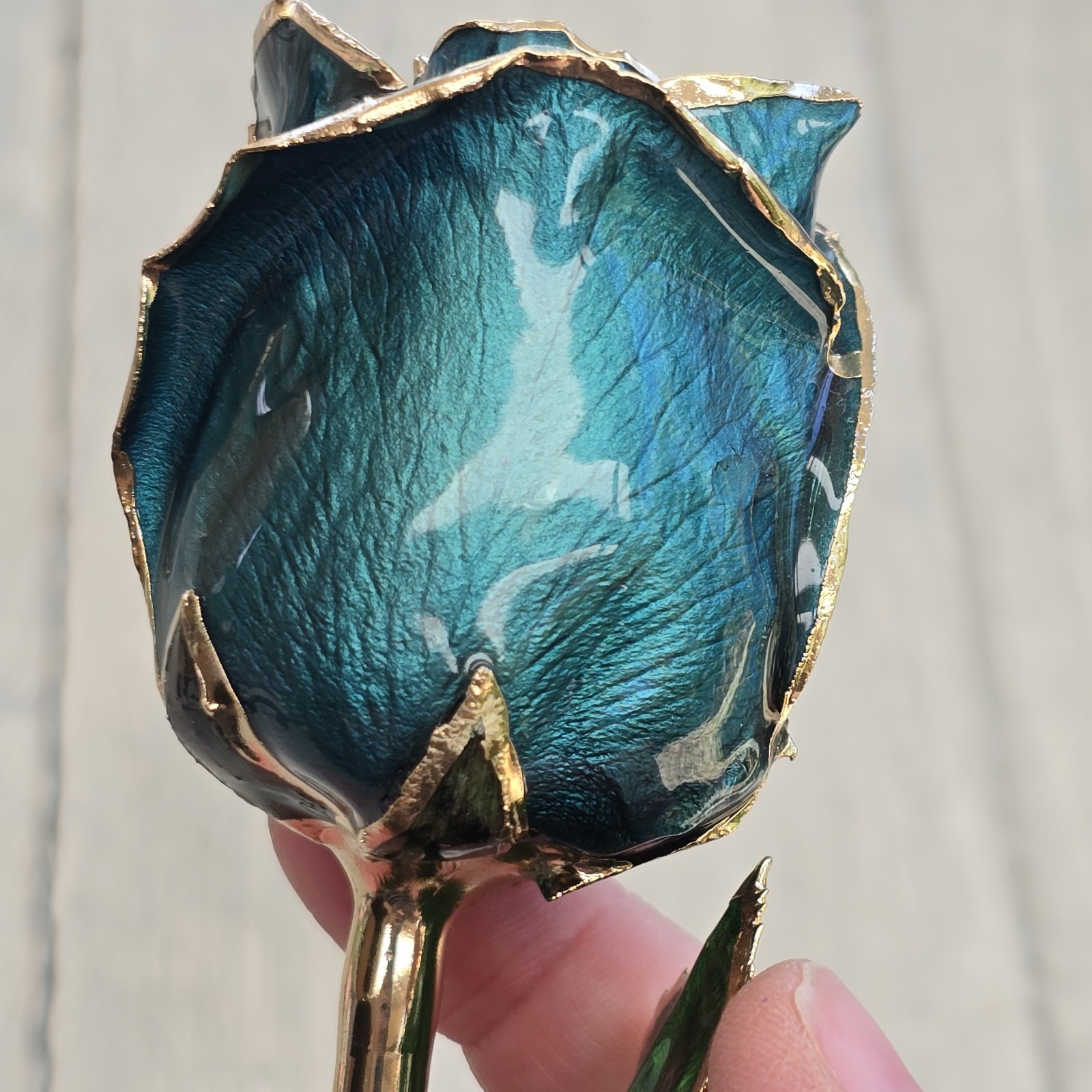 Long Stem Dipped 24k Gold Real Rose Teal Blue Enamel Coated Flower Elegant Decor