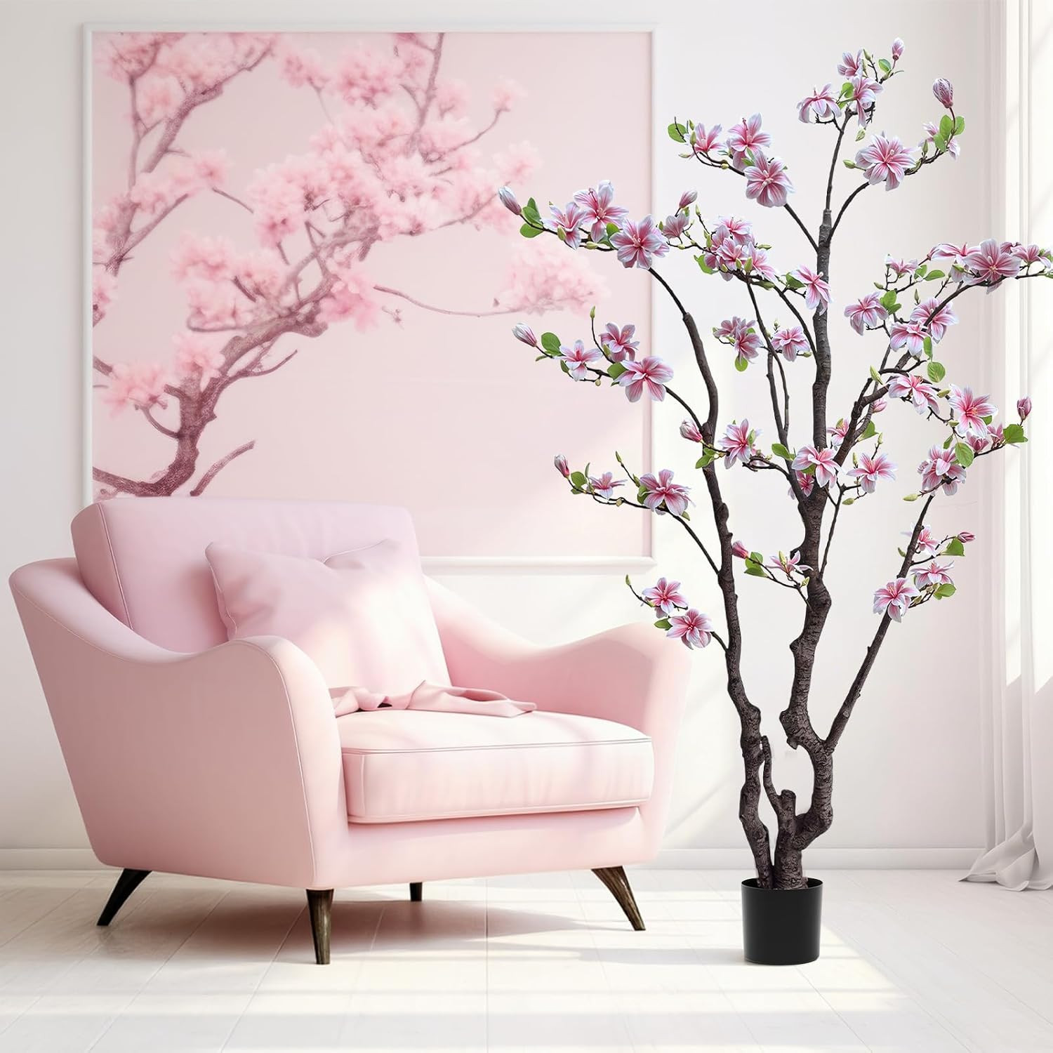6Ft Pink Artificial Magnolia Tree – Realistic Faux Flower Plant for Home & Garde