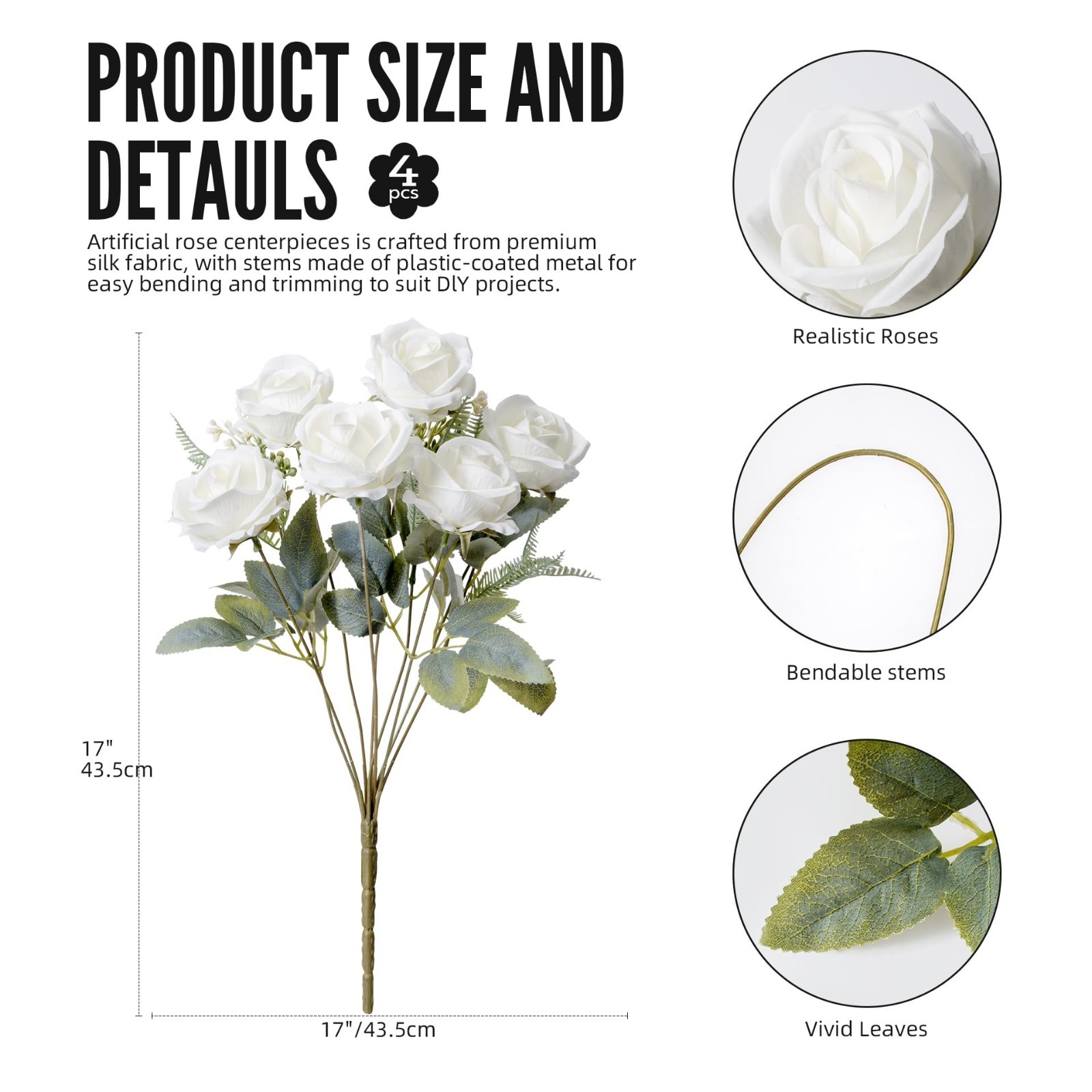 Artificial White Roses – 24 Silk Faux Flowers with Stems for Home Decor, Wedding