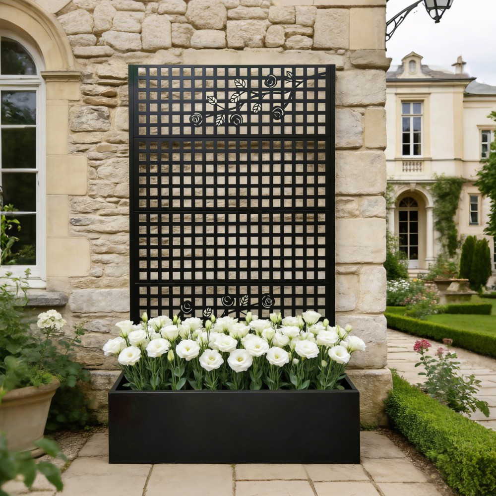 Metal Raised Garden Bed With Trellis, Black Planter Box For Backyard Patio