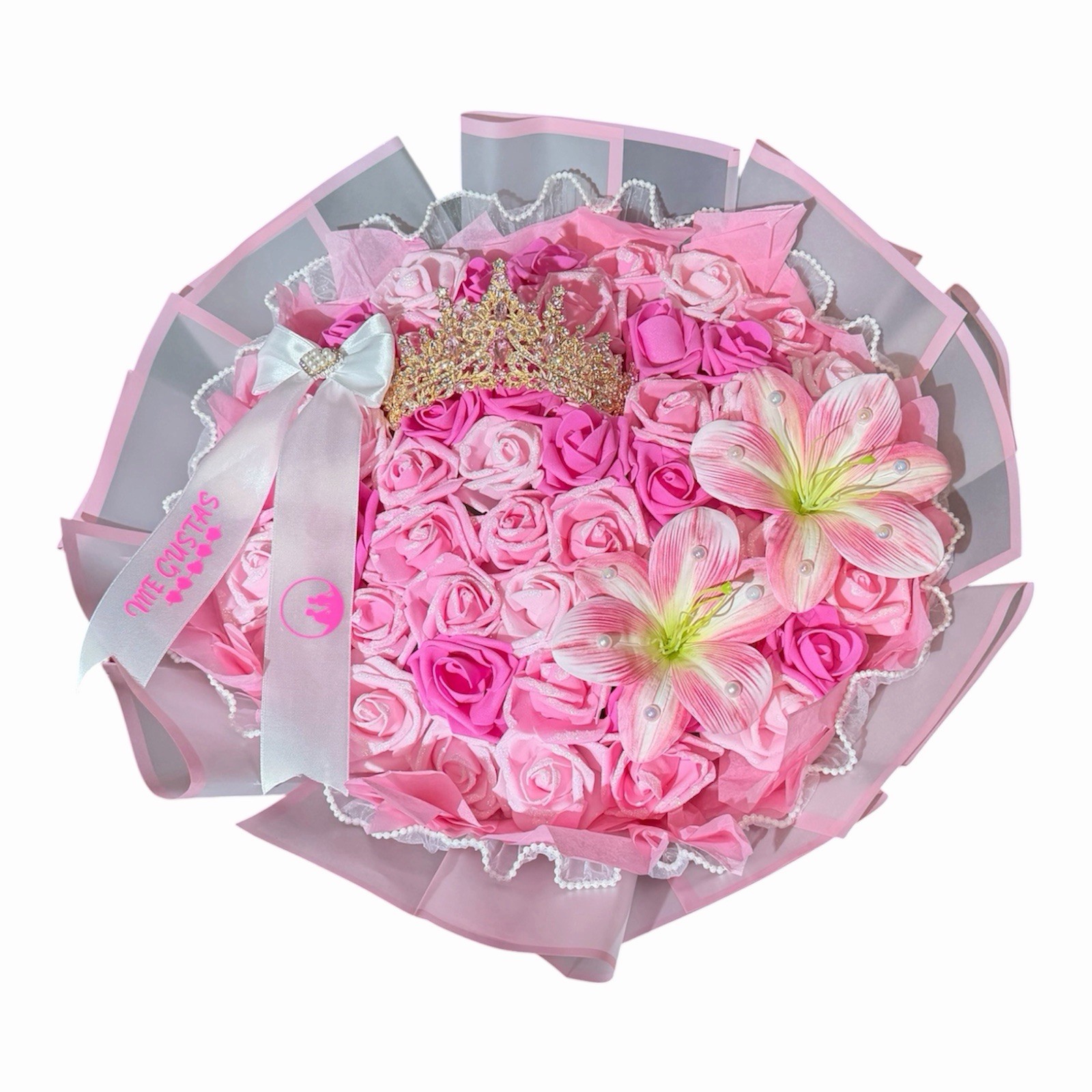 Pink Eternal Rose Bouquet with Crown & Lilies – Custom Ribbon Message Gift