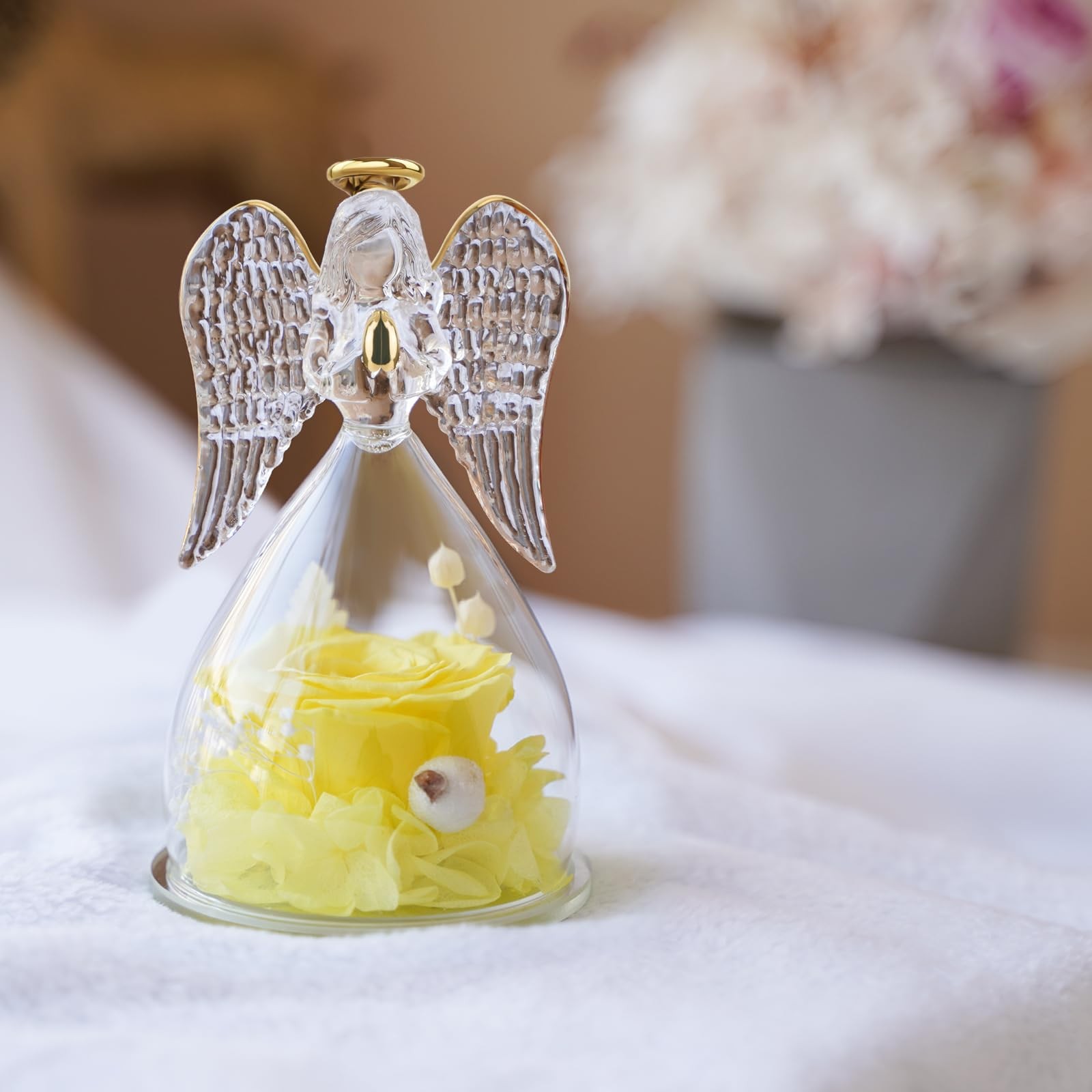 Yellow Angel Figurine, Real Preserved Rose, Gift for Mom, Grandma, Wife, Bday