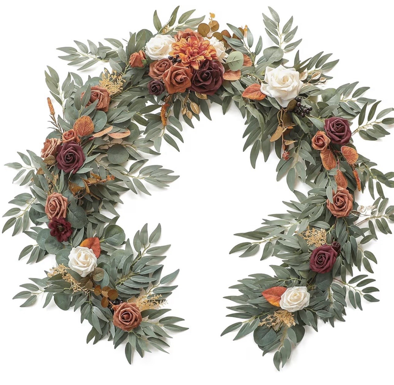 Artificial Eucalyptus & Mixed Rose Wreath Wall Decor Green White Orange Burgundy