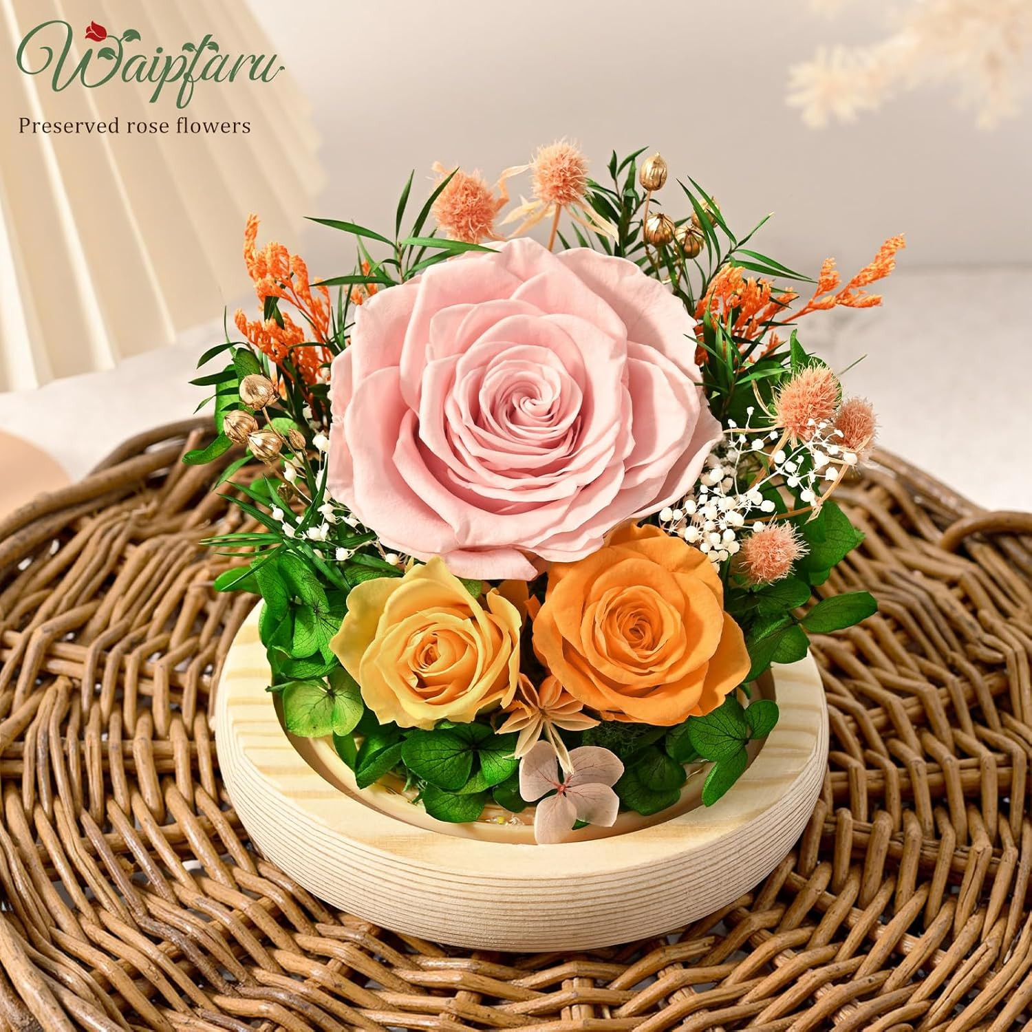 Roses Floral Decor For Mothers Day, Gift, In Glass Dome, Forever Fresh, Eternal