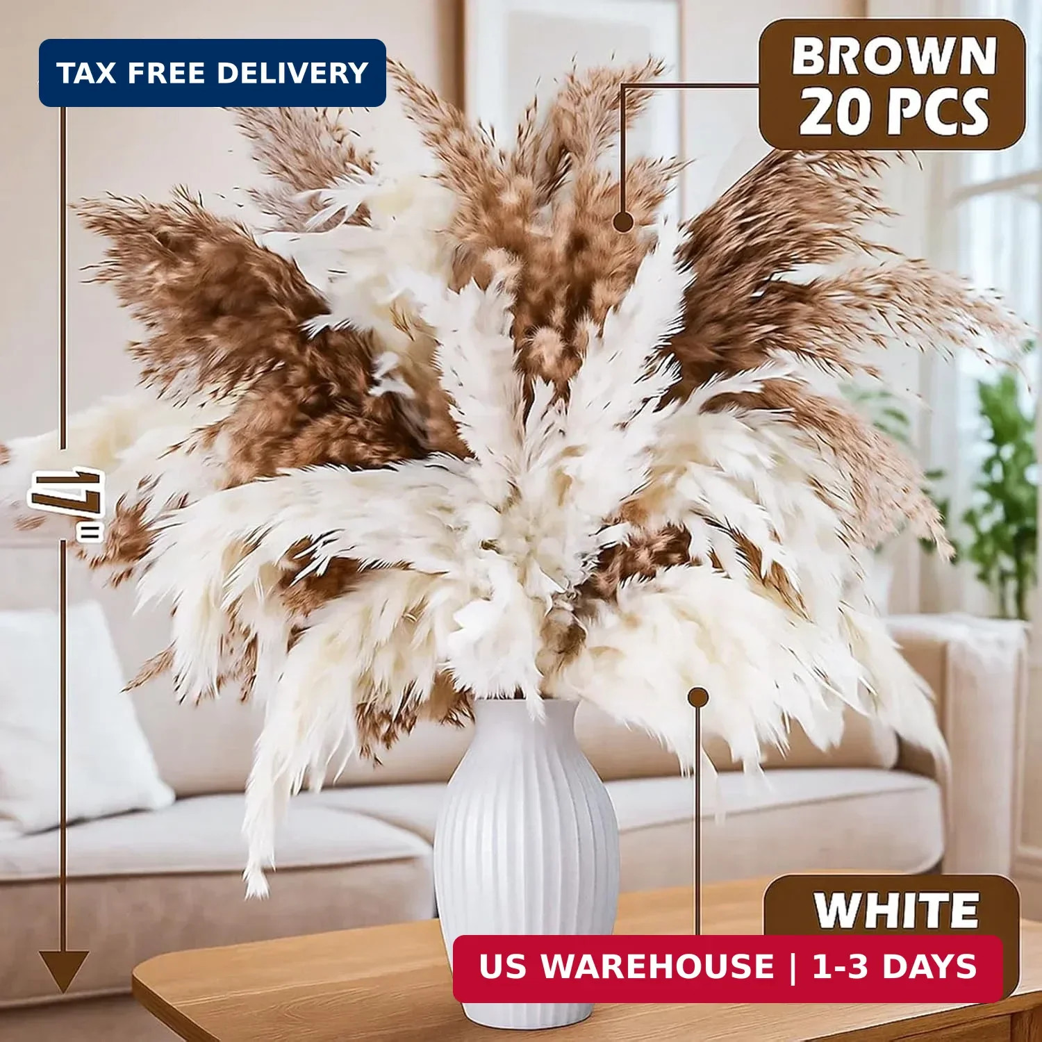 40 PCS Tall Pampas Grass for Floor Vase – 17″ Natural Fluffy Dried Pampas Grass