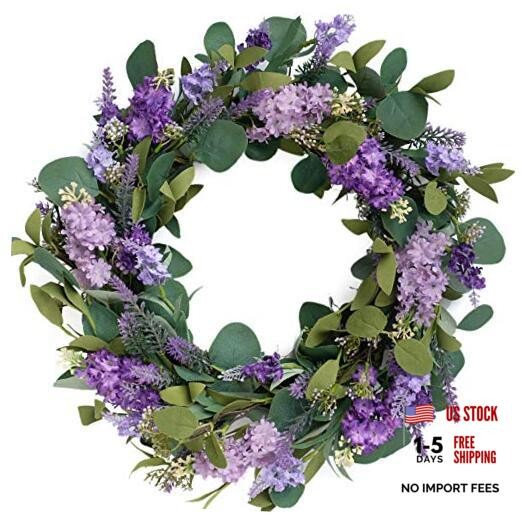 18”Artificial Flower Eucalyptus Leaves Wreath Rustic Farmhouse Purple