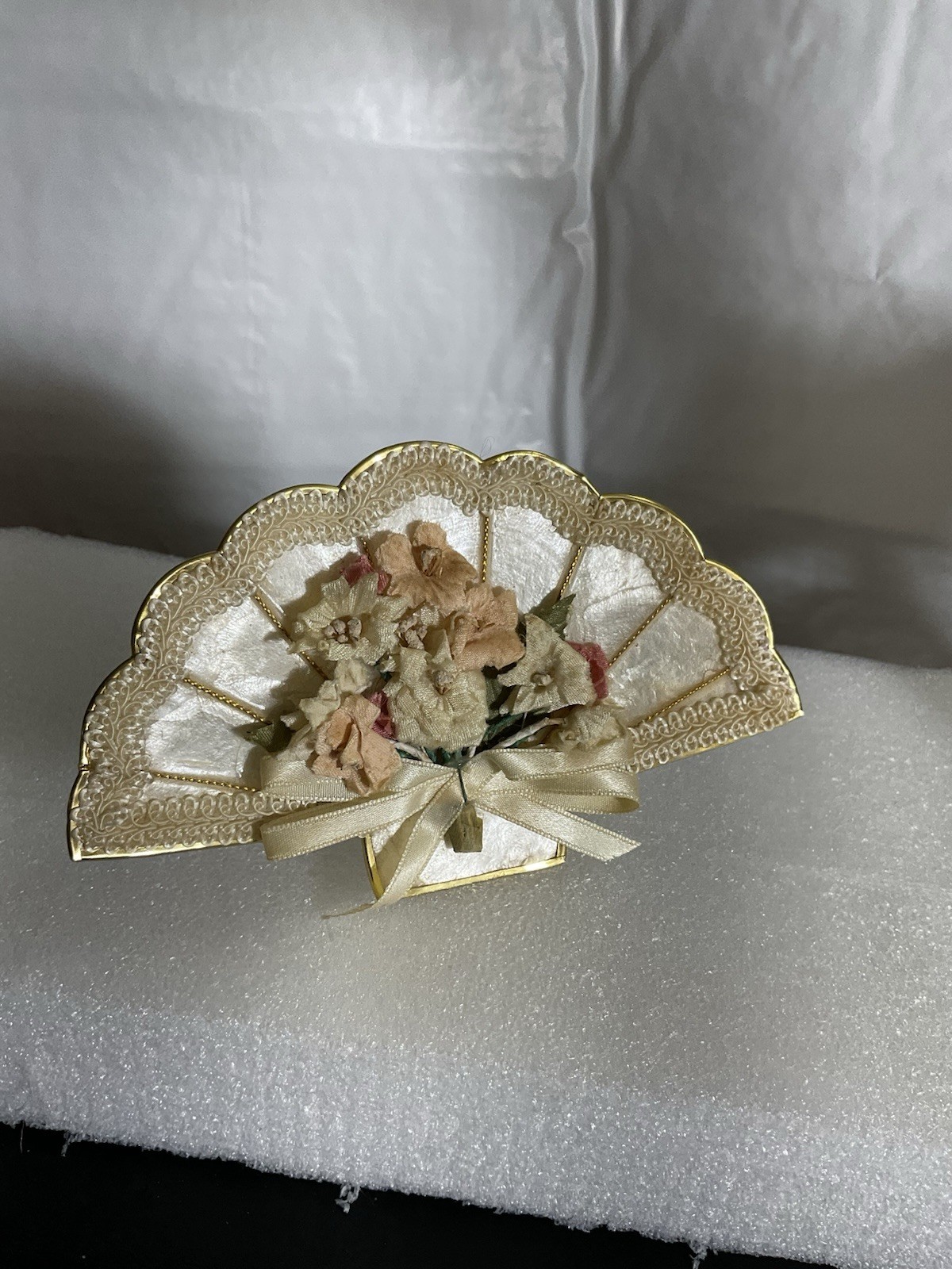 MC Coastal Capiz Shell Fan Trimmed with Gold Lace/Flowers Victorian Style Decor