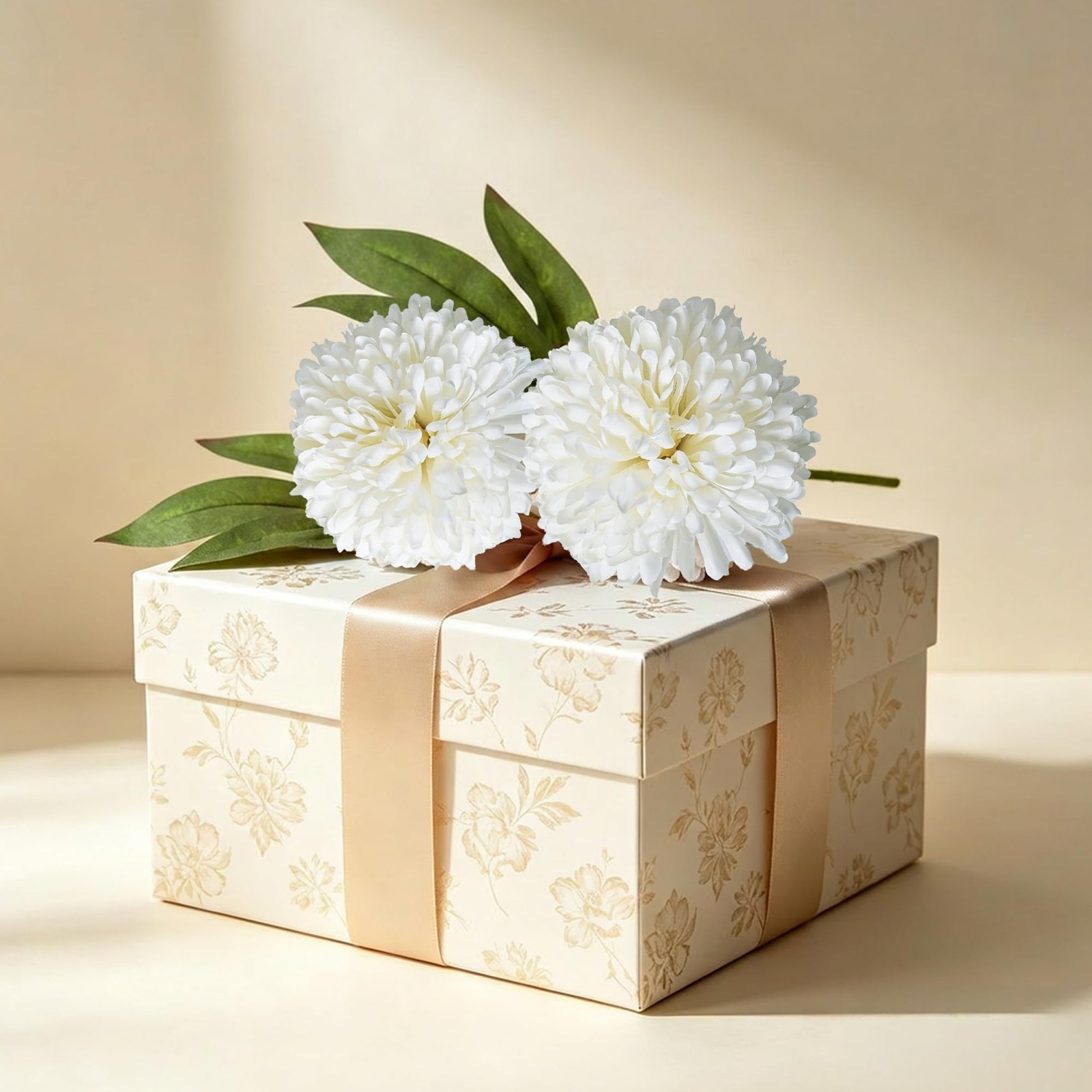6 PCS 27 Inch Faux Silk Artificial Pompon Mum Flowers Branches Cream White