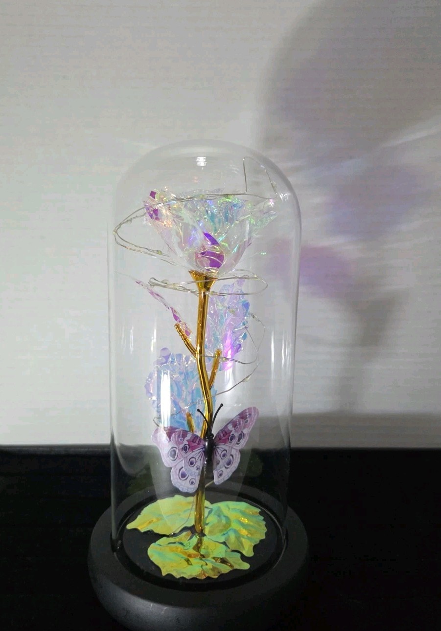 Glass Dome Enchanted Galaxy Rose & Butterfly Iridescent with LED Lite 3 AAA Batt