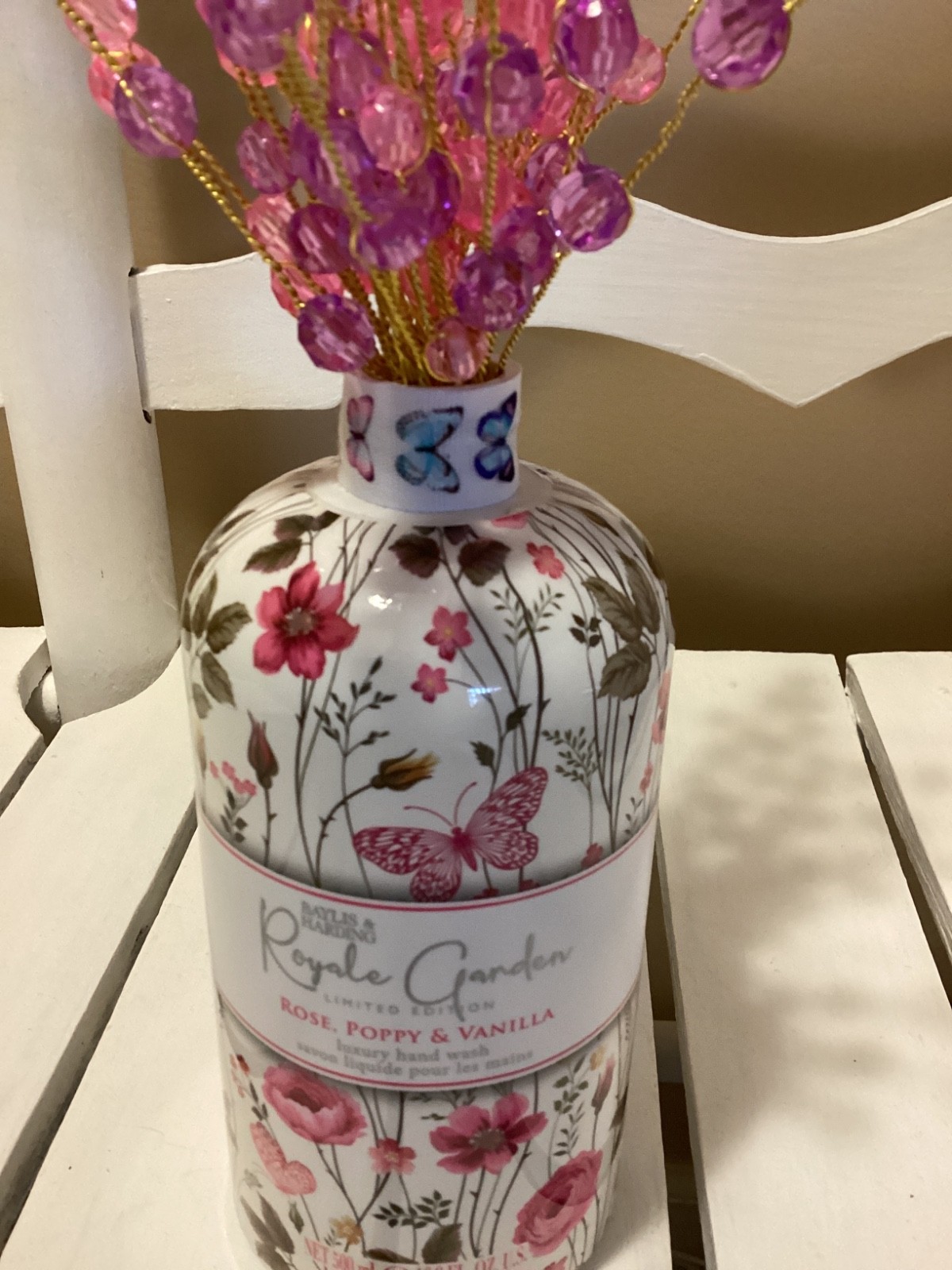 BEADED BOUQUET WITH VASE COTTAGE FARMHOUSE STYLE PINK HANDMADE NEW
