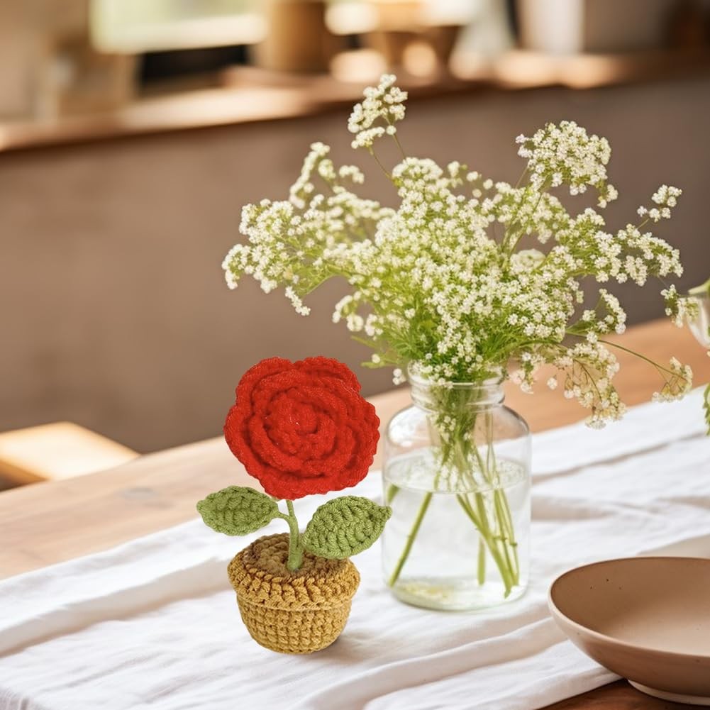 4 PCS Crochet Flowers Potted Plants Hand Knitted Artificial Yarn Color#C