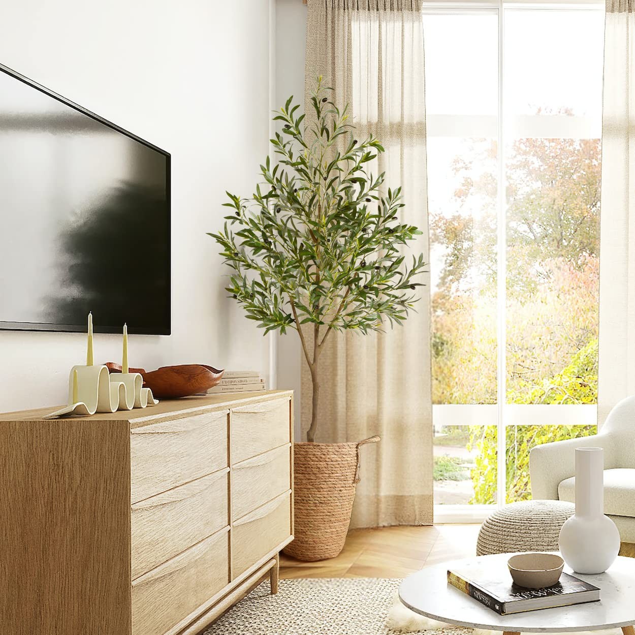 Artificial Olive Tree, 7ft Tall Fake Olive Leaves Plant with Basket, Indoor O…