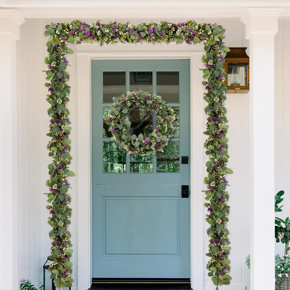2Pack Eucalyptus Flower Garland with Violet 5.9Ft Artificial Ivy Greenery Han…