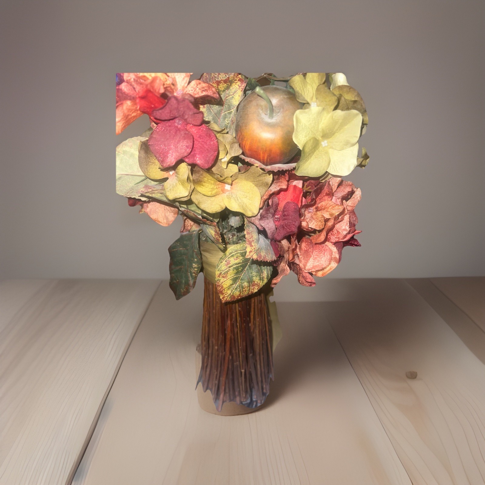 Artificial Hydrangea Bouquet w/Stick Style Vase, Mix Of Cream, Burgundy, & Green