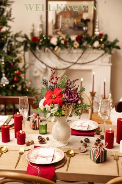 11 Pcs Artificial Flowers Bouquet with Pine Branches, 14″ Red Poinsettias