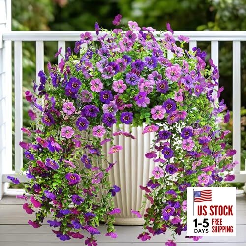 Artificial Fake Flowers for Outdoors,2PCS Faux Hanging Purple Deep Purple