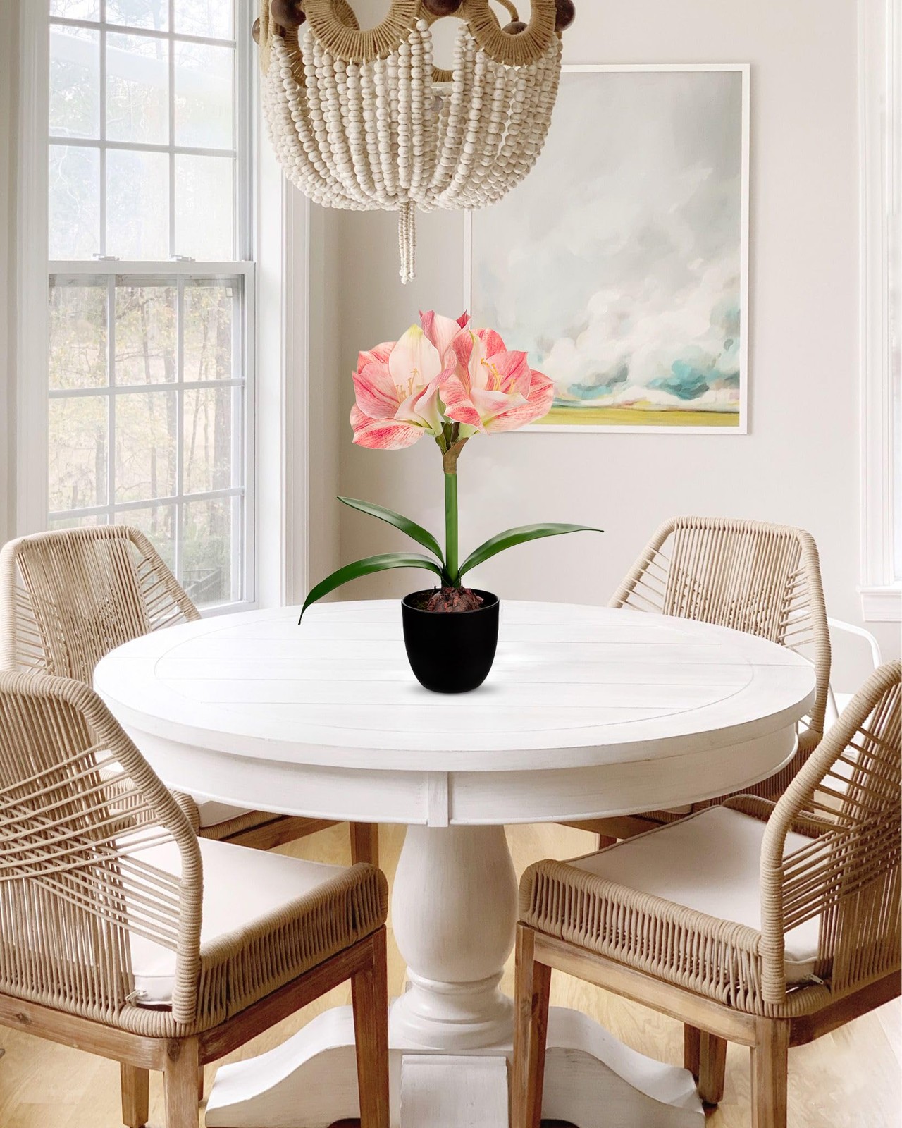 Pink Fake Amaryllis Flowers 17.3 Inch Silk Plant Black Pot Artificial Decor