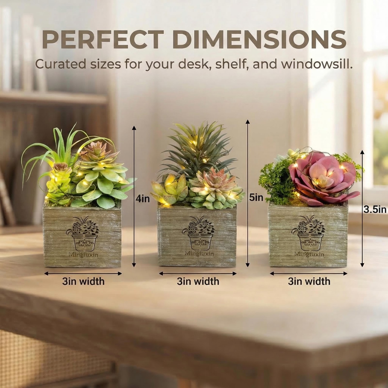 Small Fake Plants, Succulent Plants Artificial with Led Lights 3 Pack