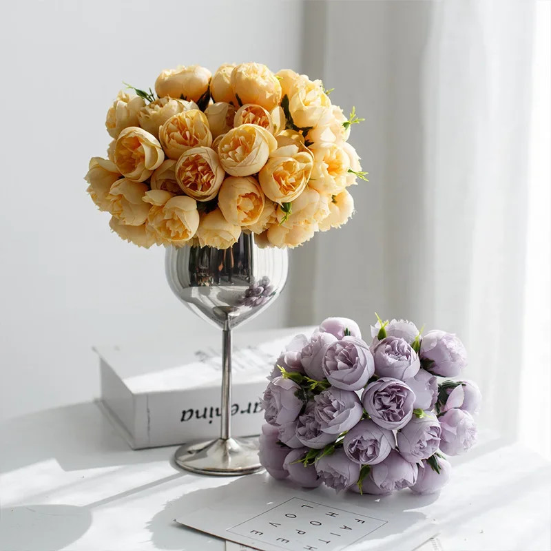 Rose Pink Peony Artificial Flowers Silk Bouquet 27Heads Roses Fake Flower for Ta
