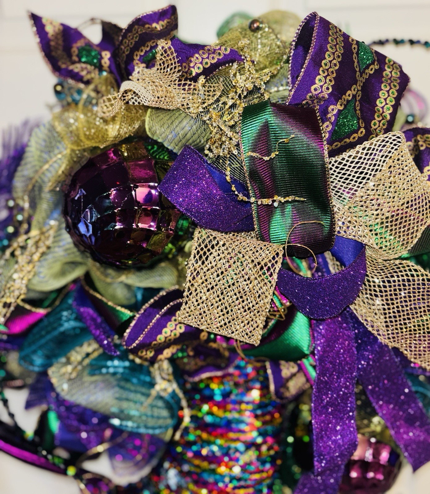Mardi Gras Wreath Extra Large With Mermaid Tail and Fleur De Lis Handmade Deco