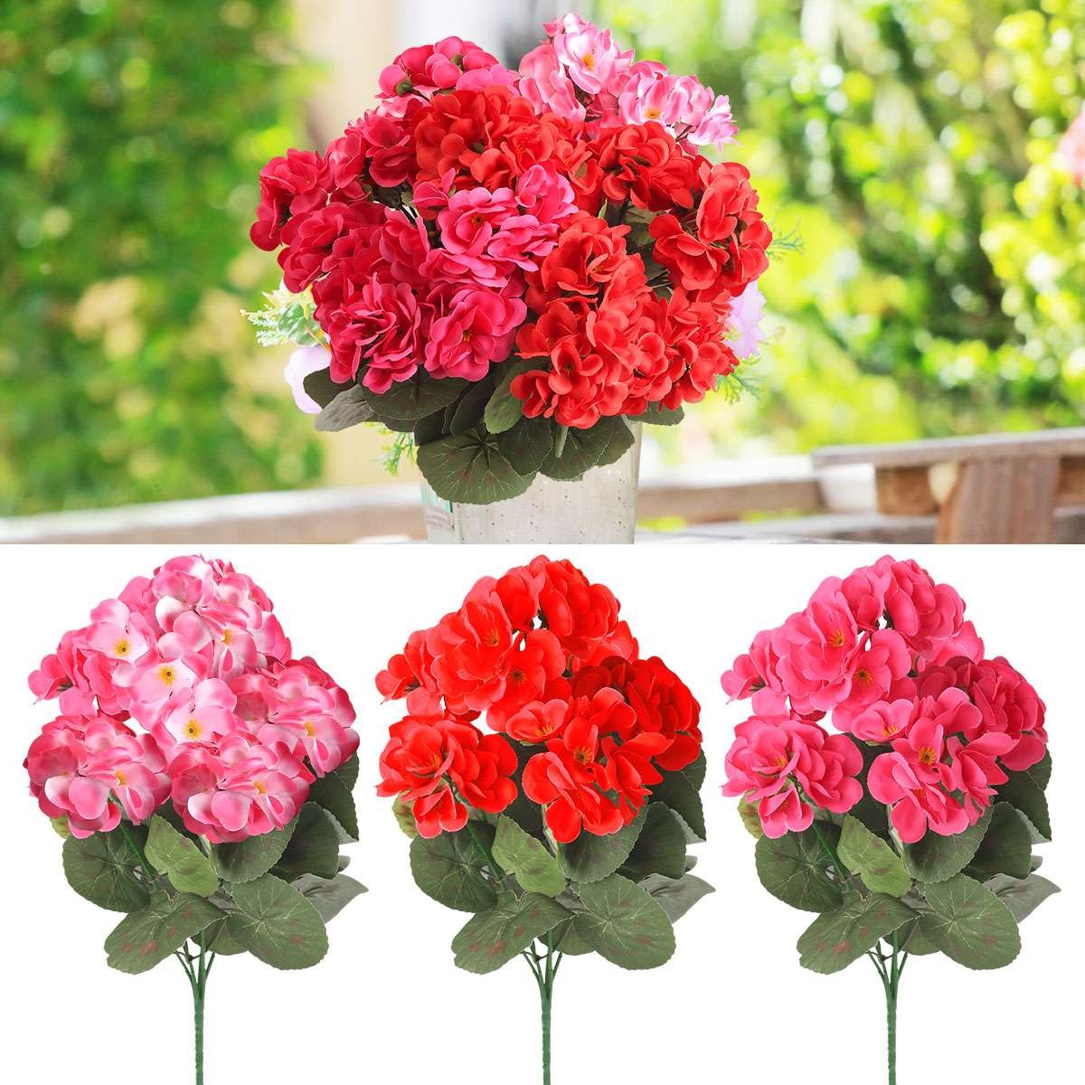 1-3 Pcs Artificial Geraniums Silk Flowers Outdoor Artificial Geranium Bush Red