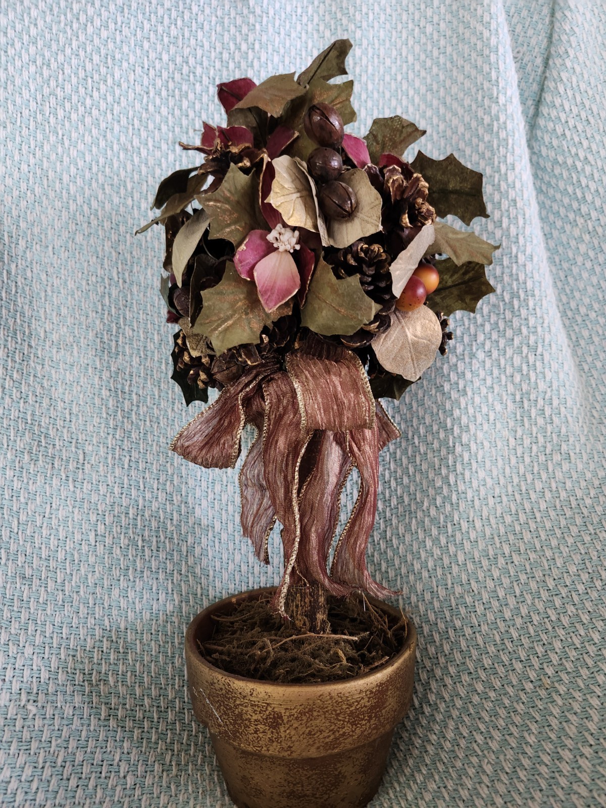 Artificial Topiary Tree Pinecones, Leaves, Berries, Mauve & Gold Color 15”