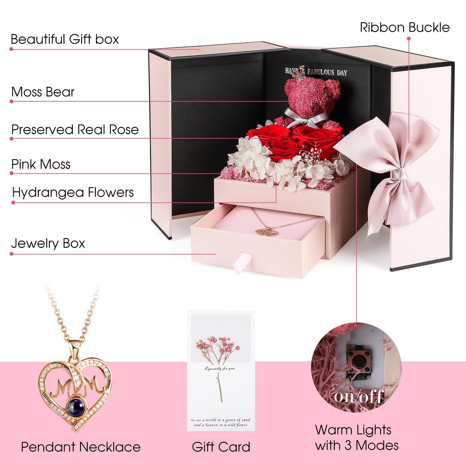 Preserved Real Roses with I Love You in 100 Languages Mom Necklace Set, Uniqu…