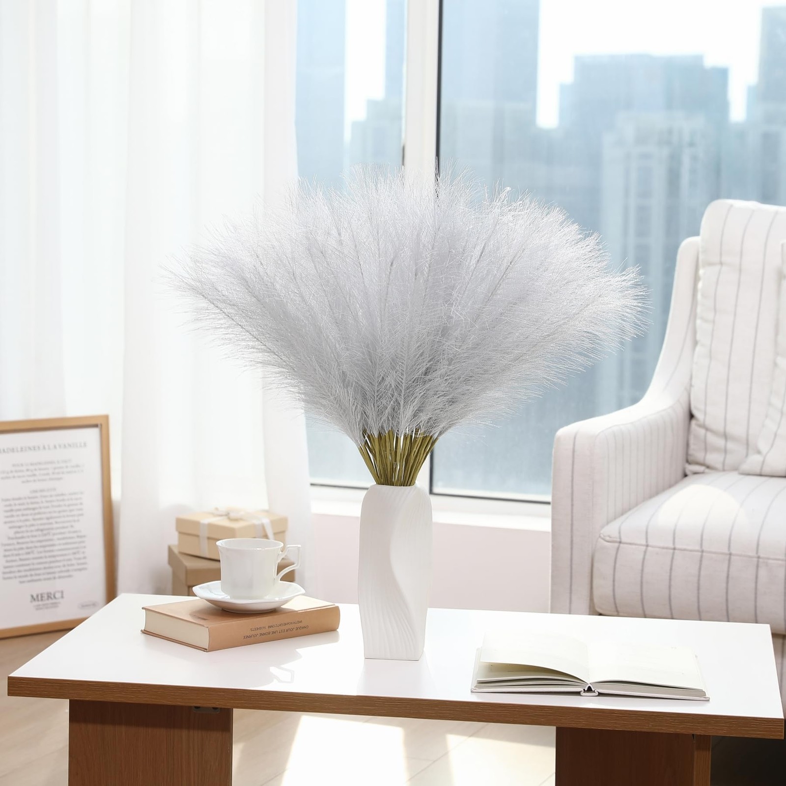 Faux Silver Pampas Grass – 30pcs 24 Inch Short Artificial Pampas Grass Decor,…