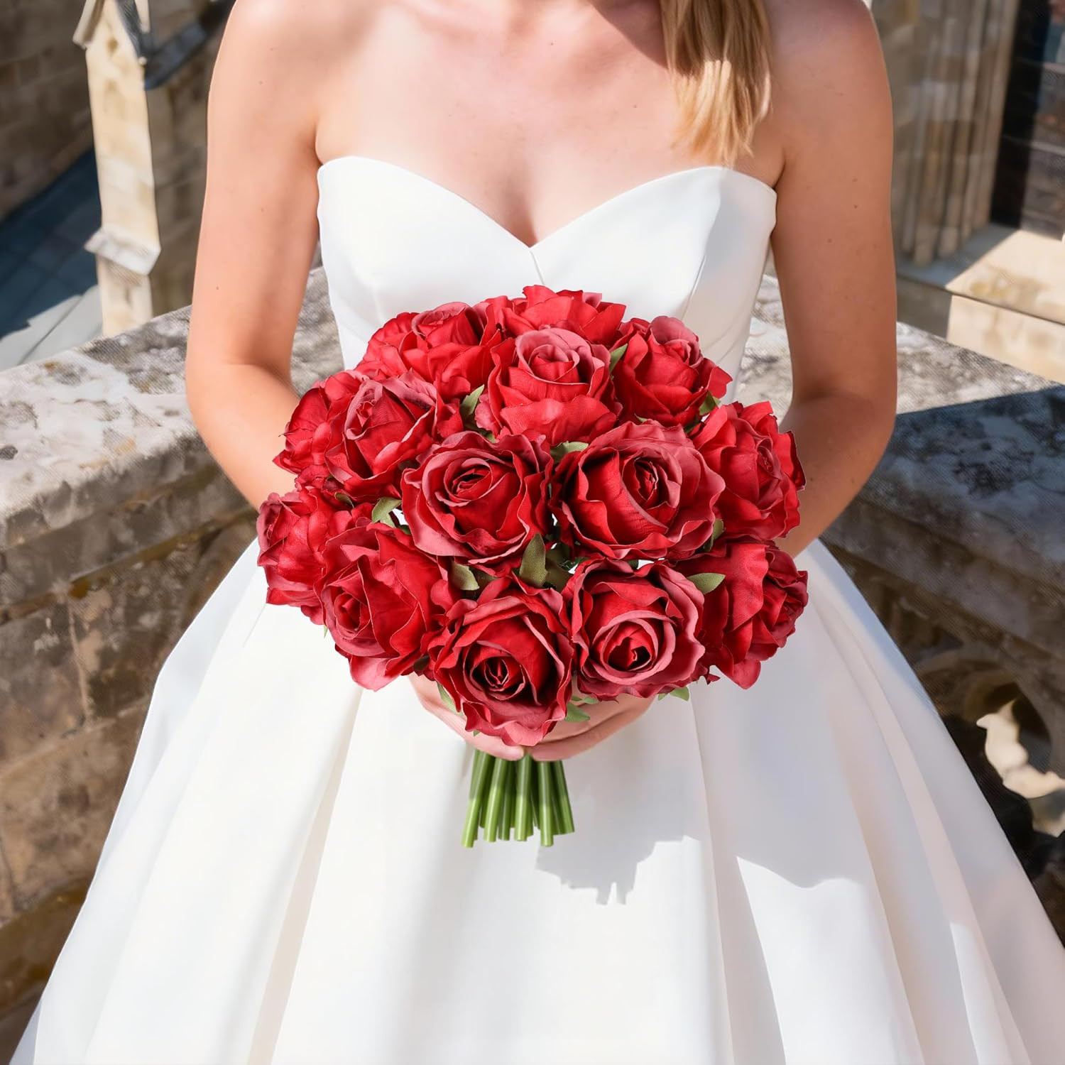 18-Piece Realistic Red Silk Roses Bouquet for Home, Weddings, and Gifts
