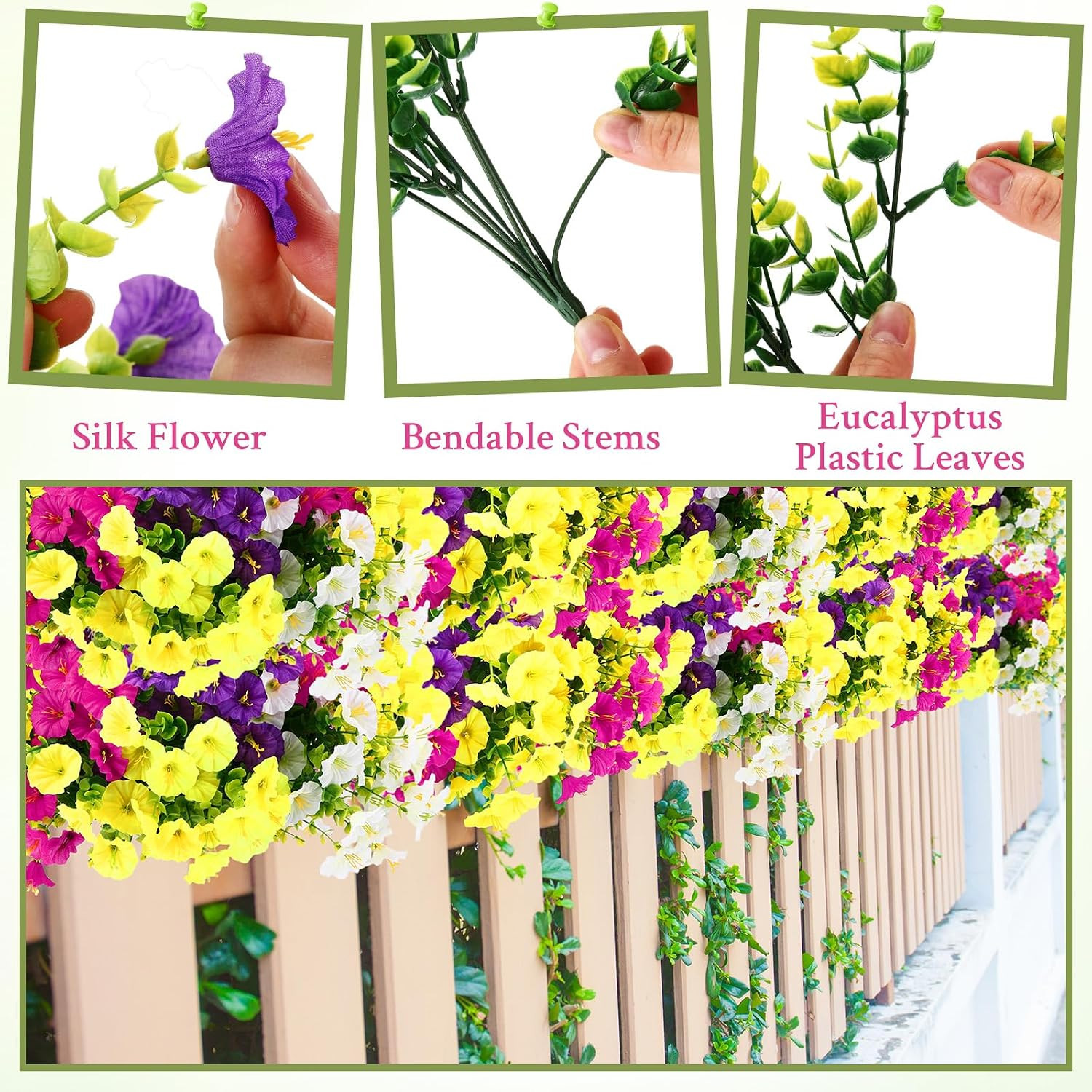 40 Bundles UV Resistant Artificial Morning Glory & Eucalyptus Flowers for Outdoo